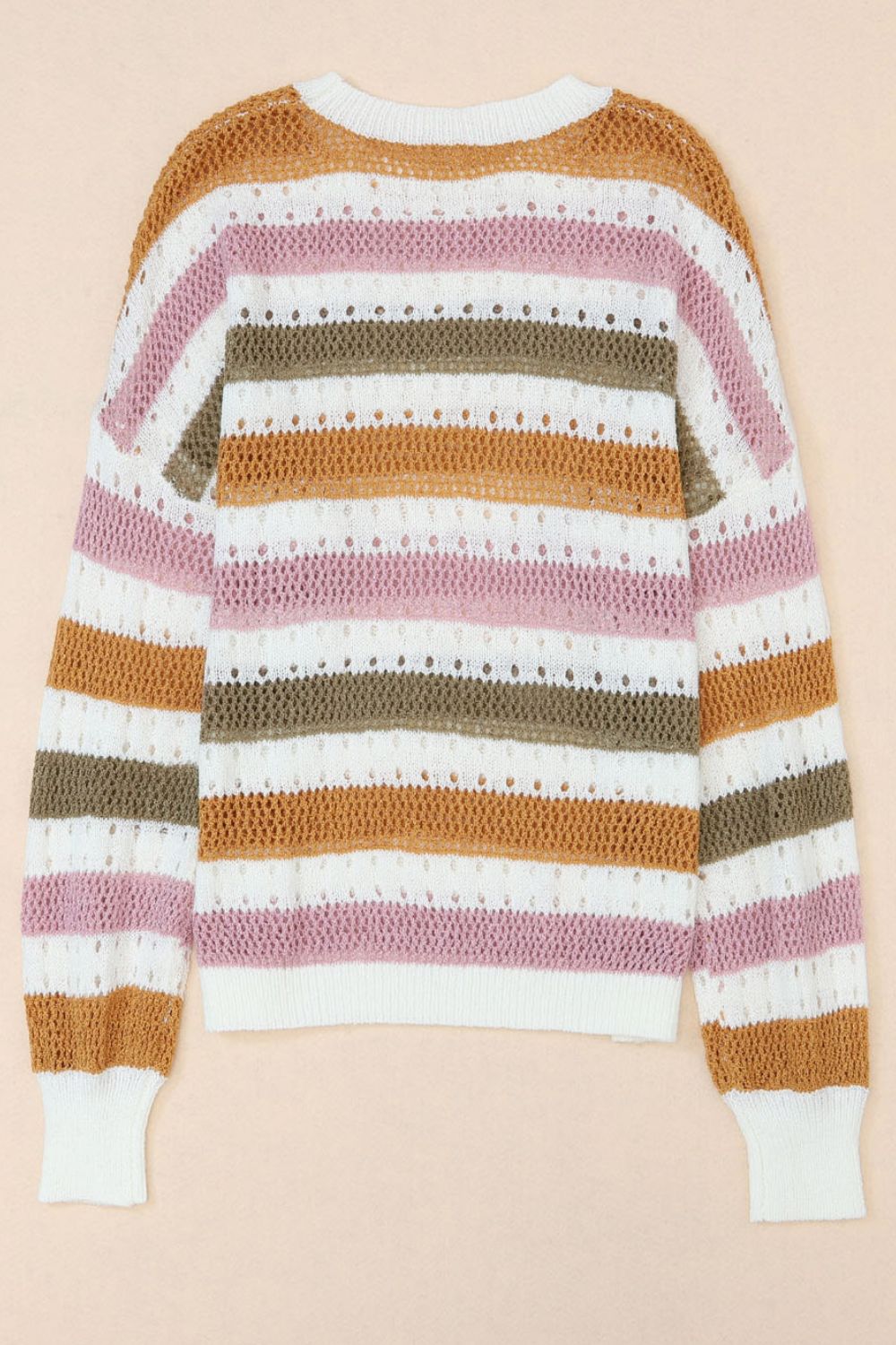 Open Knit Striped Round Neck Sweater - MARIGOLD