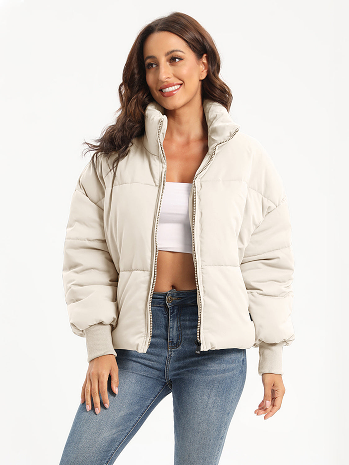Zip Up Turtleneck Long Sleeve Puffer Jacket - MARIGOLD