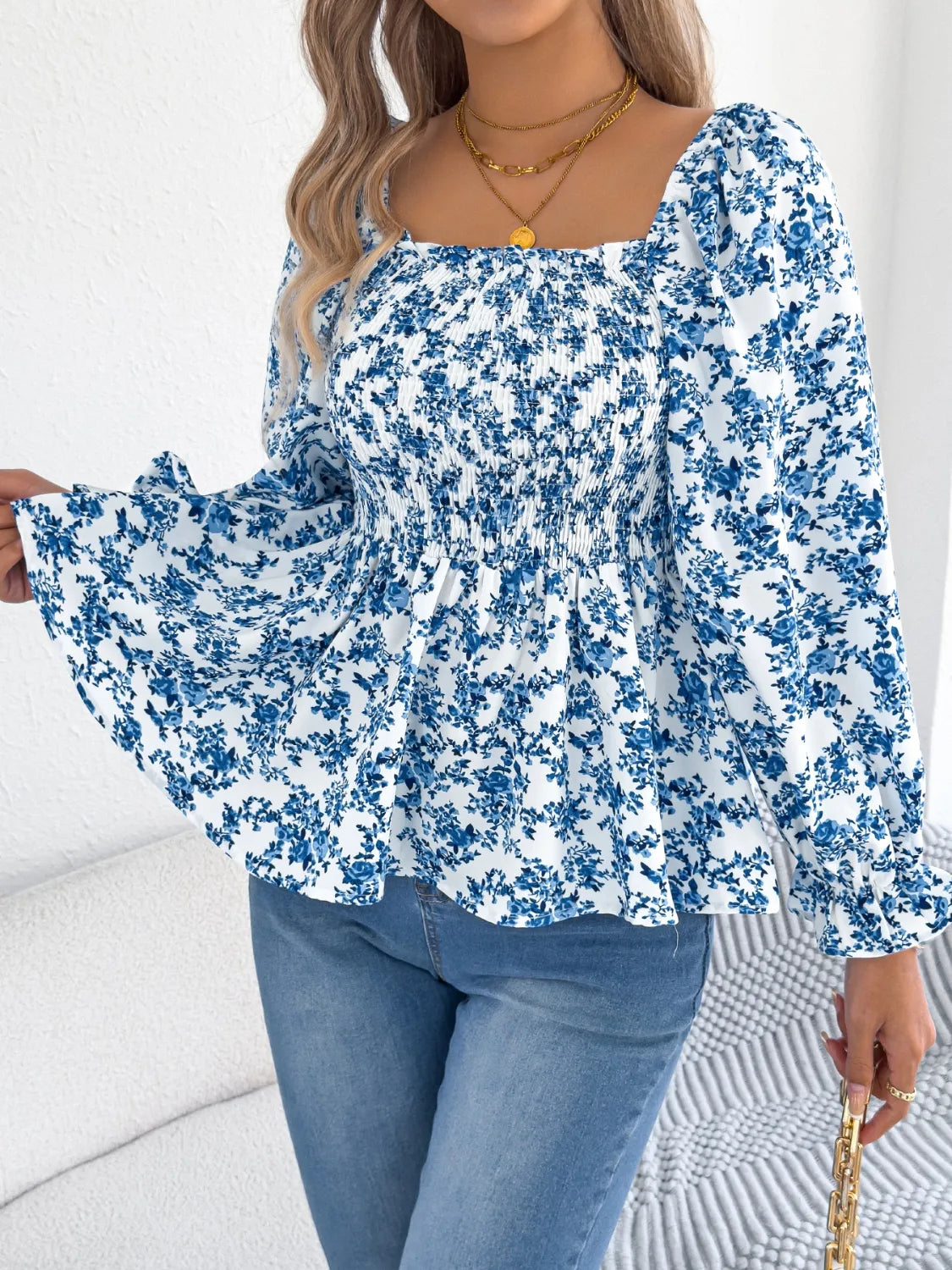 Floral Square Neck Flounce Sleeve Blouse - MARIGOLD