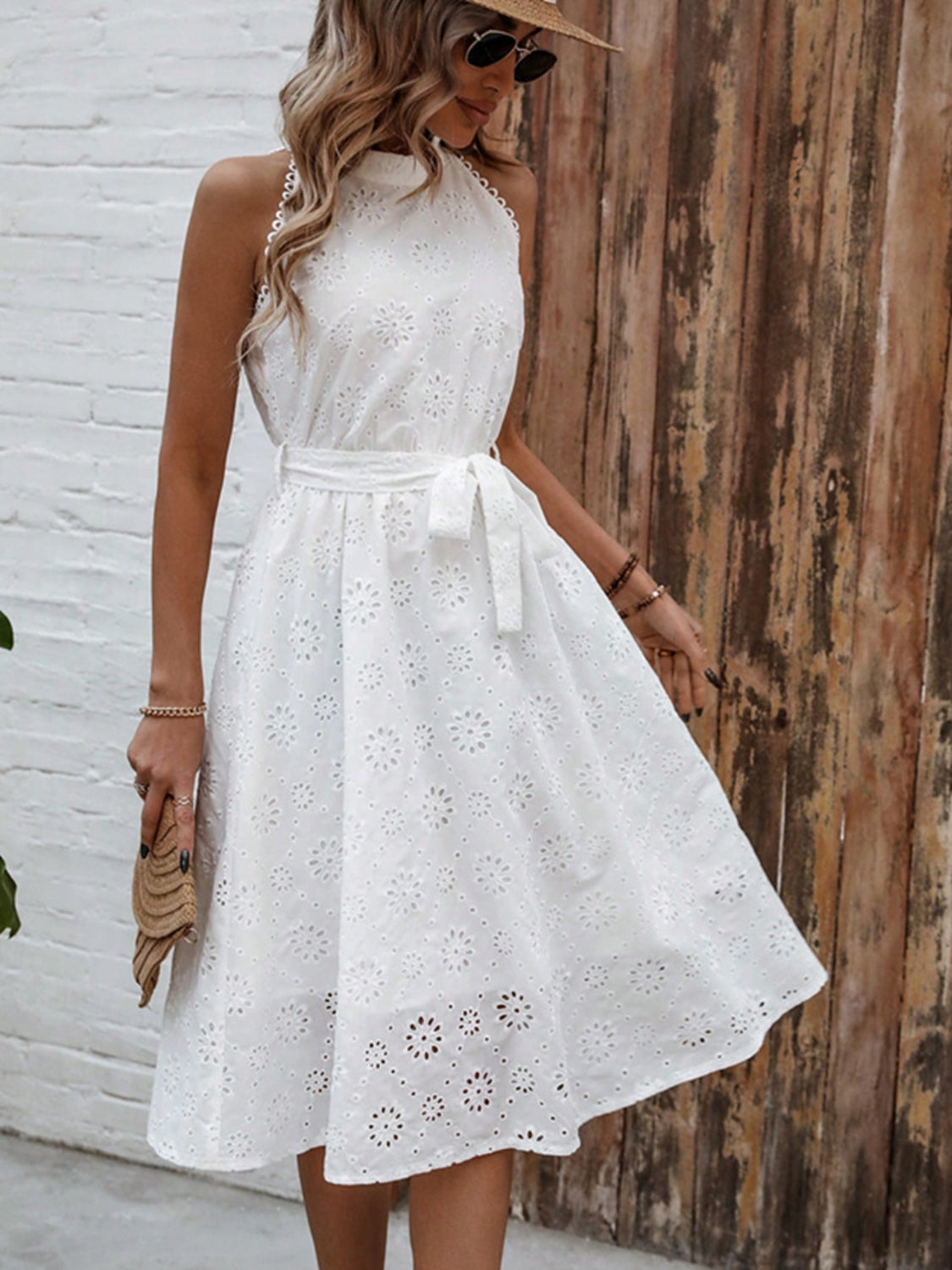 Grecian Style Eyelet Tie Waist Midi Dress - MARIGOLD