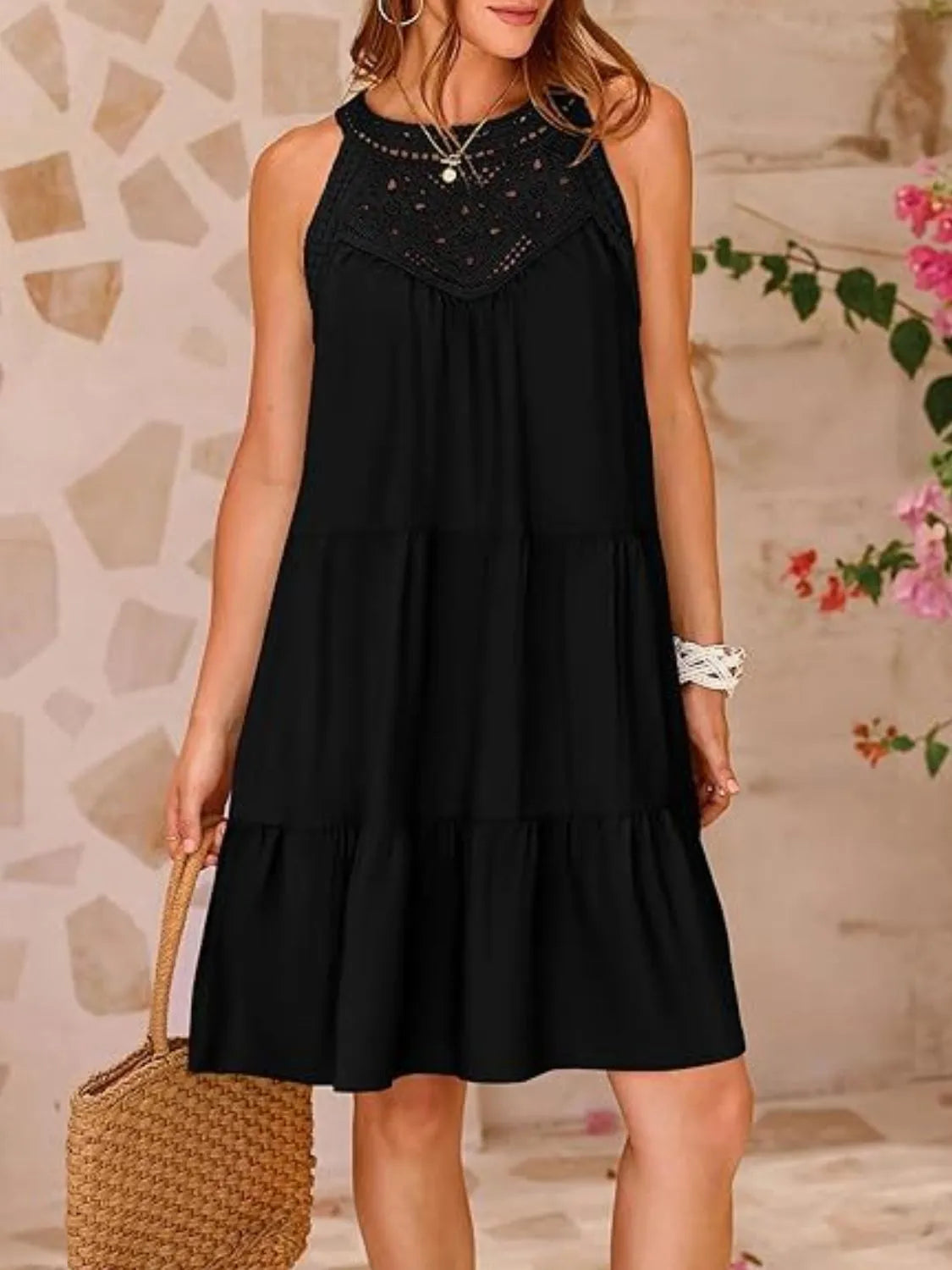 Lace Neckline Tiered Mini Dress - MARIGOLD