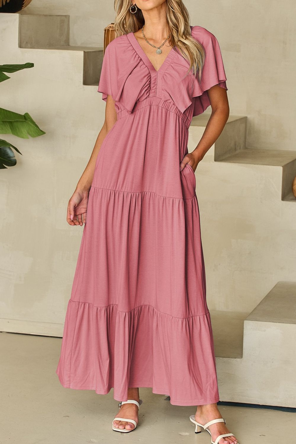 Ruffled V Neck Flutter Sleeve Maxi Dress - MARIGOLD