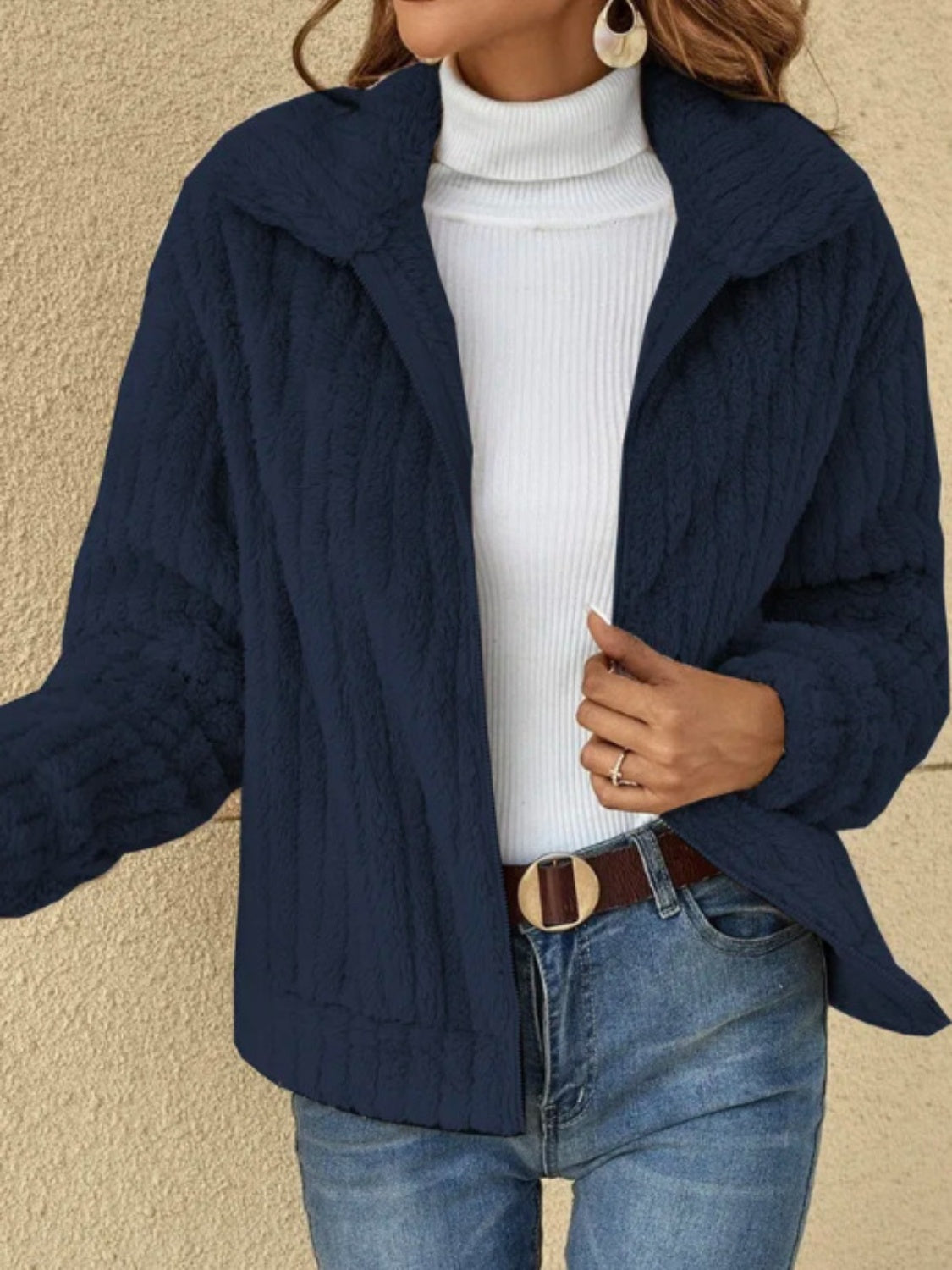 Plush Zip Up Long Sleeve Jacket - MARIGOLD