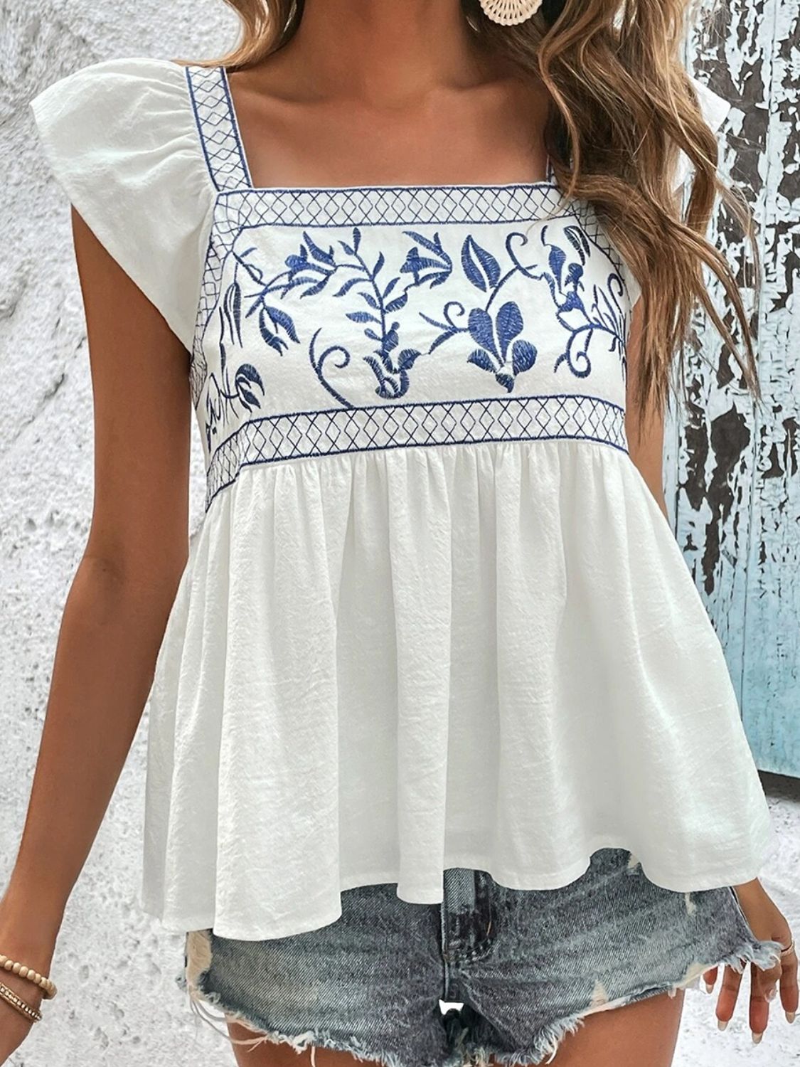 Tied Embroidered Ruffled Square Neck Cap Sleeve Blouse - MARIGOLD