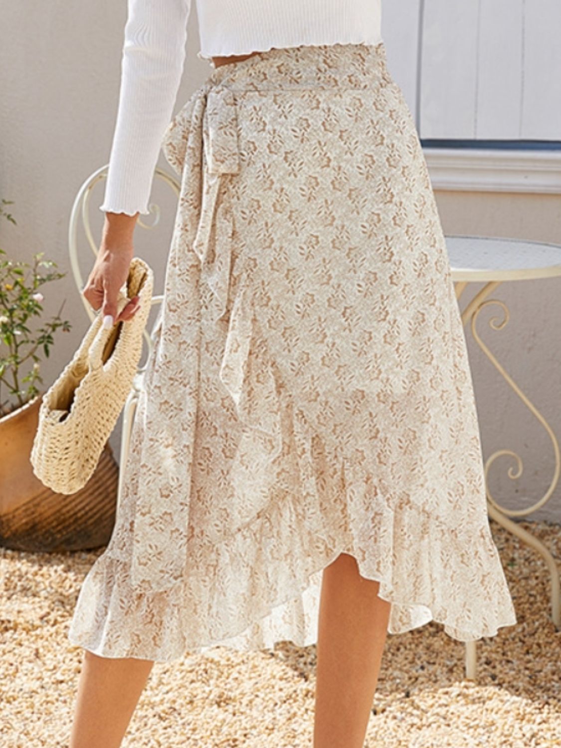 Floral Ruffled Wrap Tie Midi Skirt with Side Tie - MARIGOLD