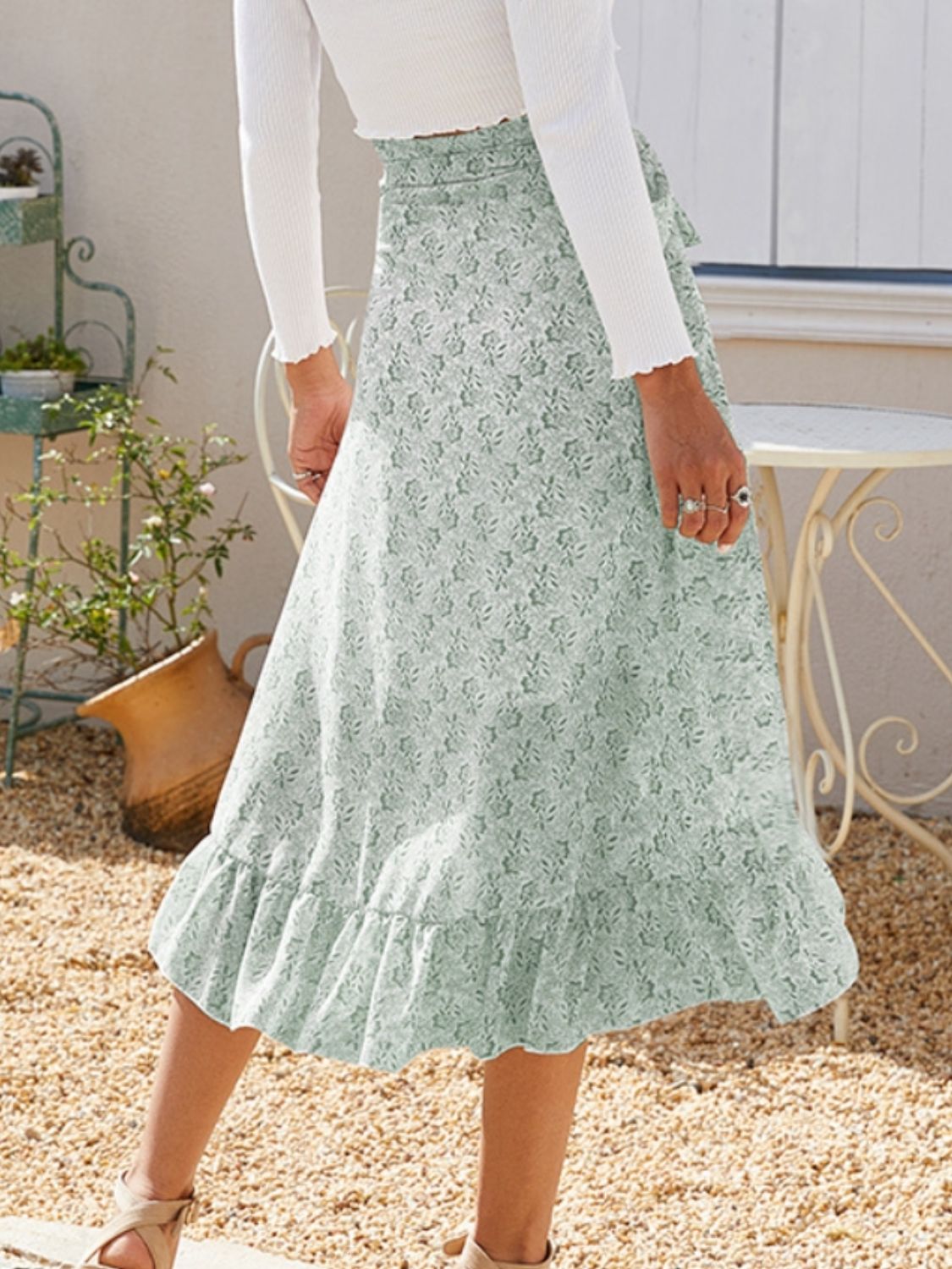 Floral Ruffled Wrap Tie Midi Skirt with Side Tie - MARIGOLD