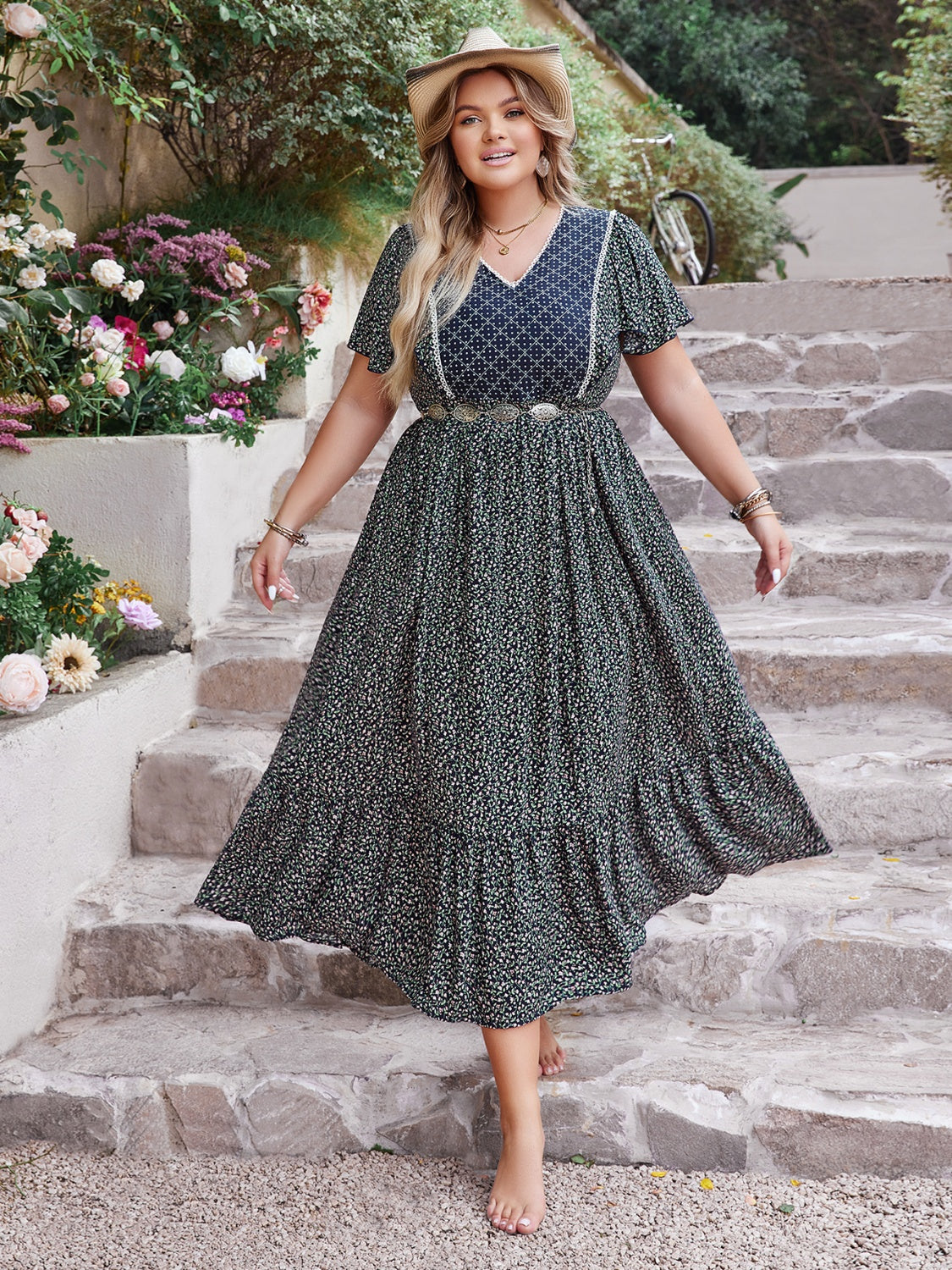 Plus Size Printed V-Neck Flutter Sleeve Midi Dress - MARIGOLD