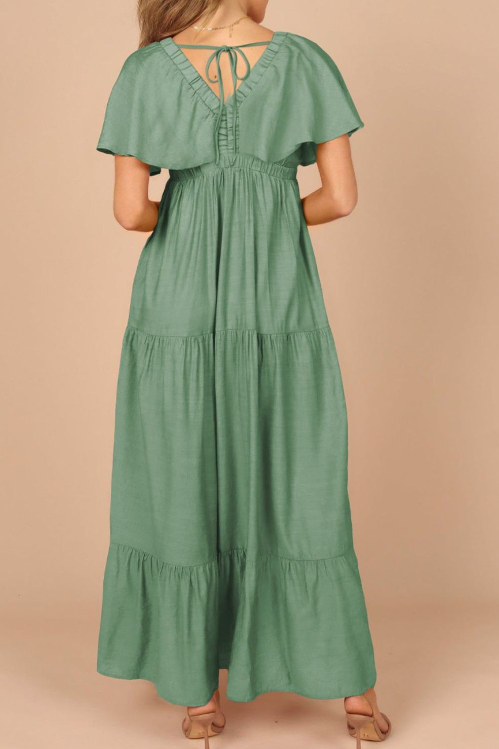 Ruffled V Neck Flutter Sleeve Maxi Dress - MARIGOLD