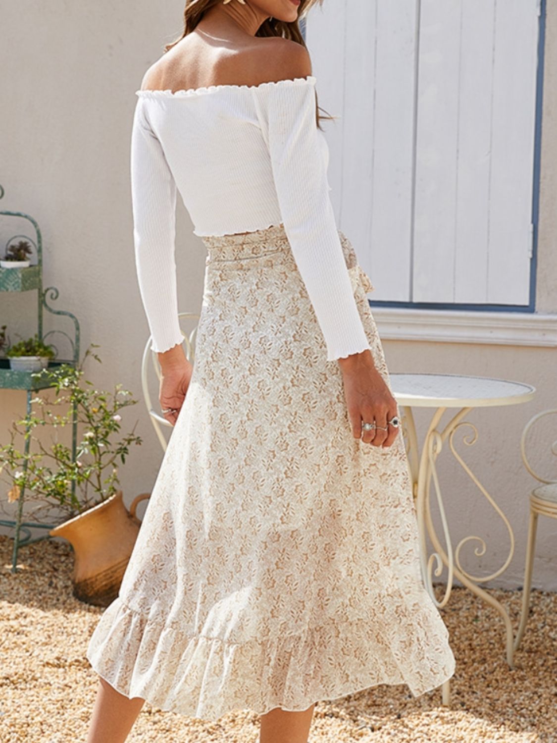 Floral Ruffled Wrap Tie Midi Skirt with Side Tie - MARIGOLD