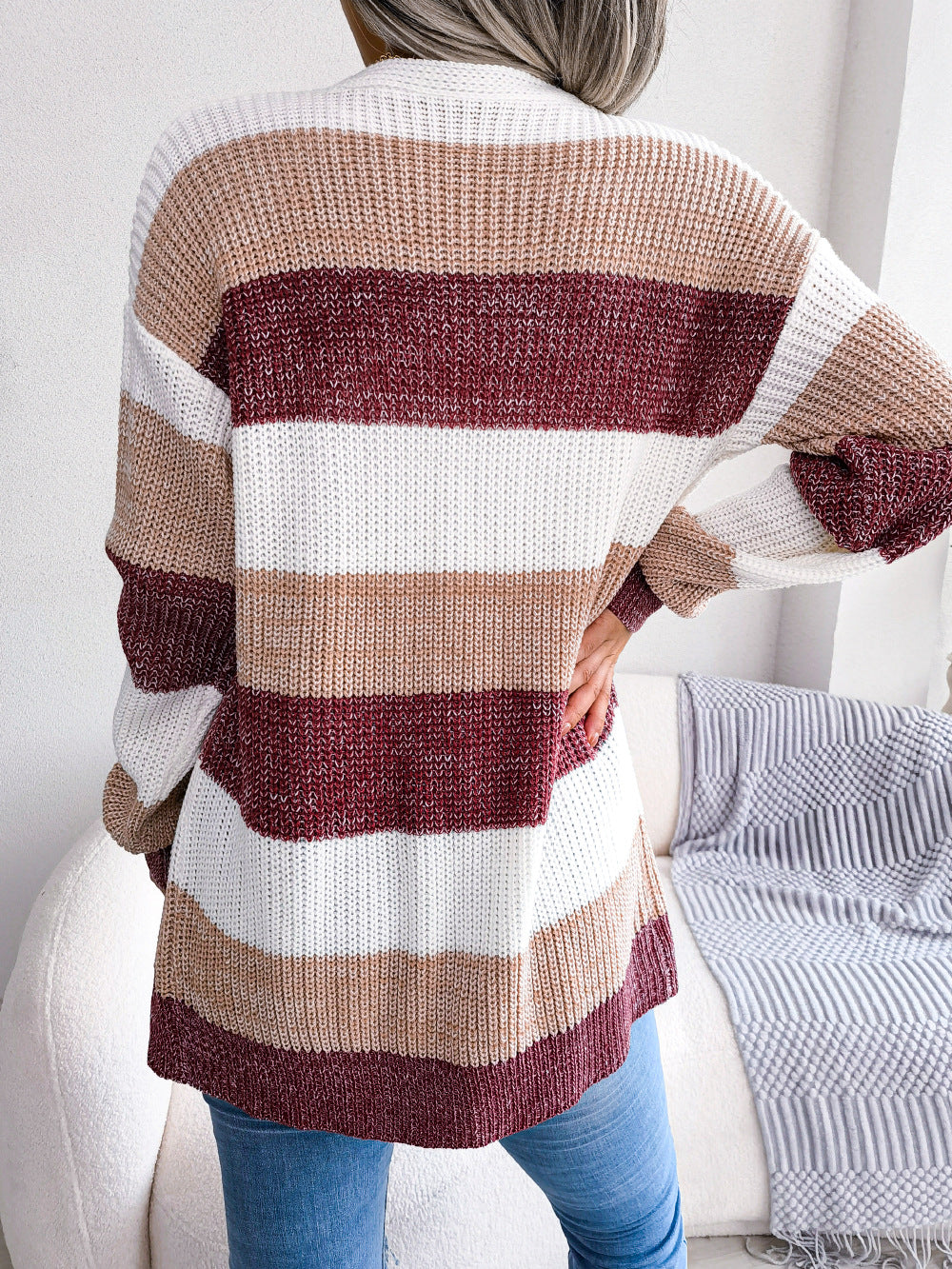 Striped Rib-Knit Open Front Longline Cardigan - MARIGOLD