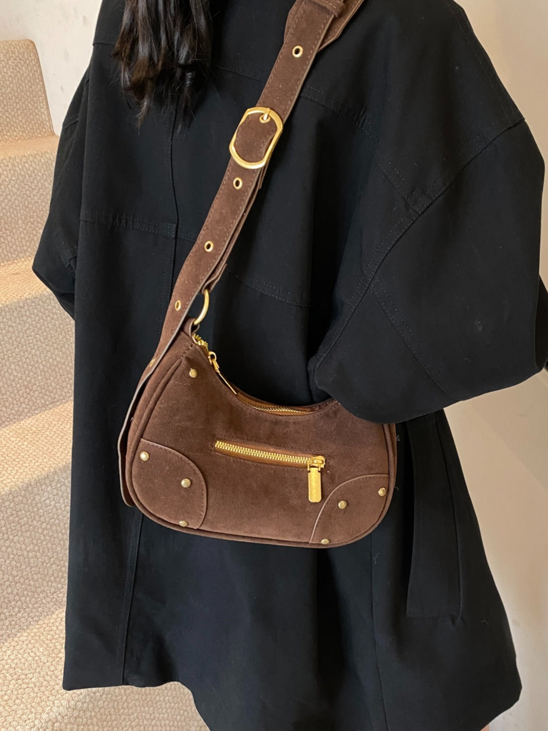 Suede Adjustable Strap Shoulder Bag - MARIGOLD