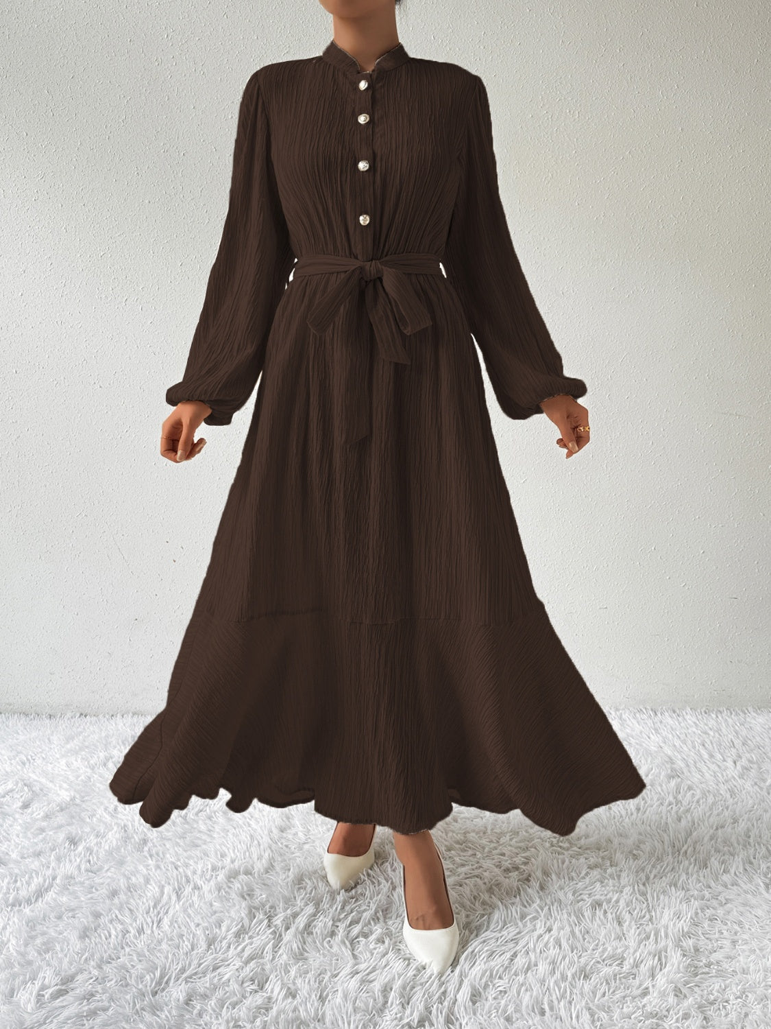 Belted Button Front Long Sleeve Maxi Dress - MARIGOLD