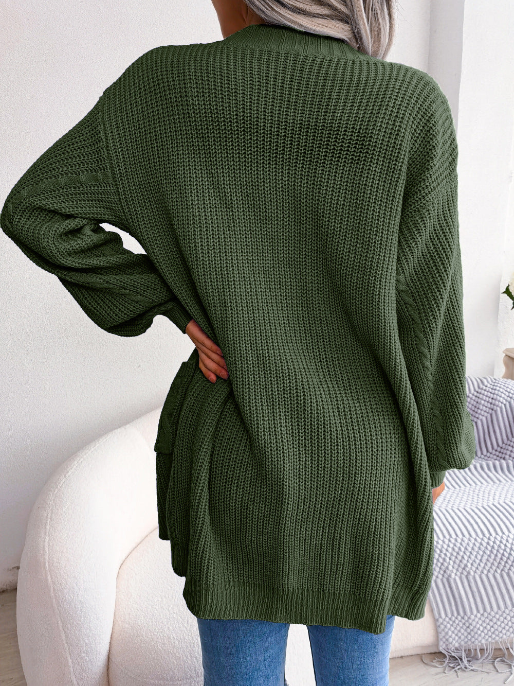 Cable-Knit Open Front Pocketed Cardigan - MARIGOLD