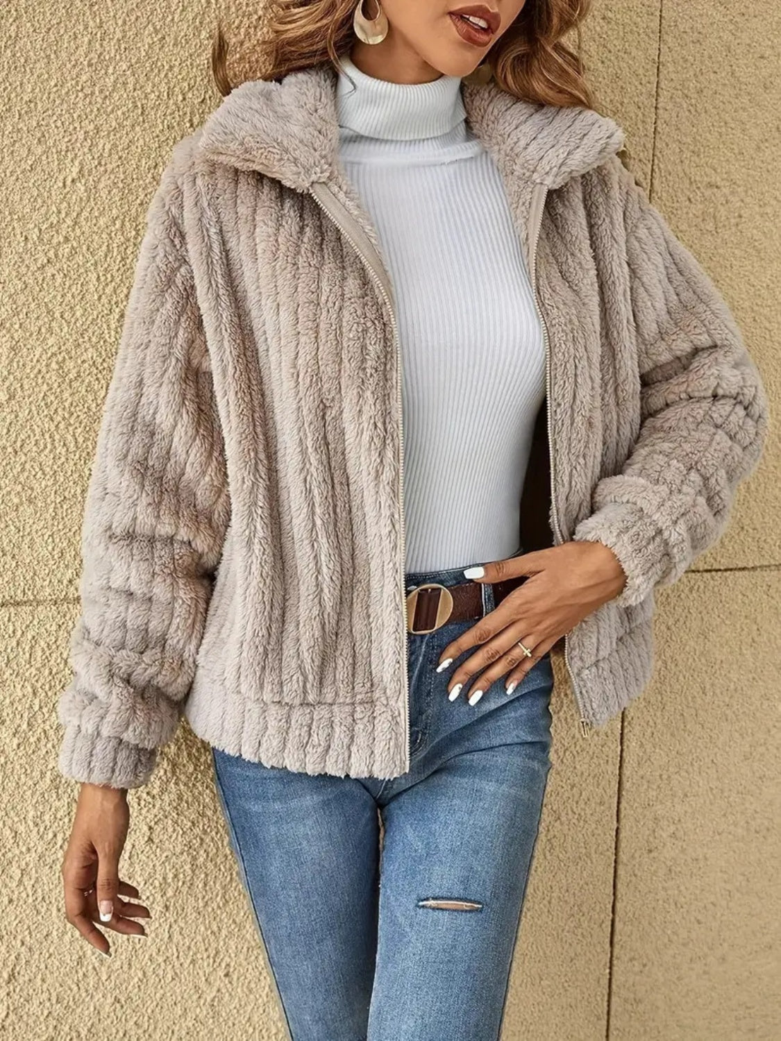 Plush Zip Up Long Sleeve Jacket - MARIGOLD