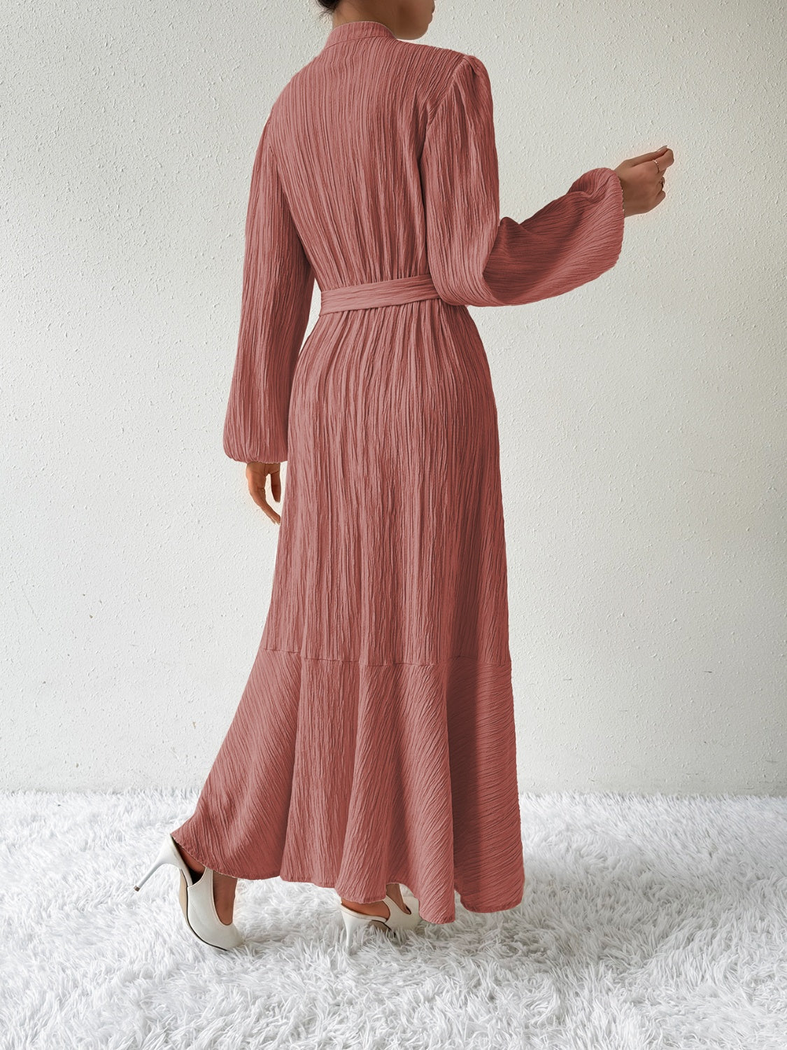 Belted Button Front Long Sleeve Maxi Dress - MARIGOLD