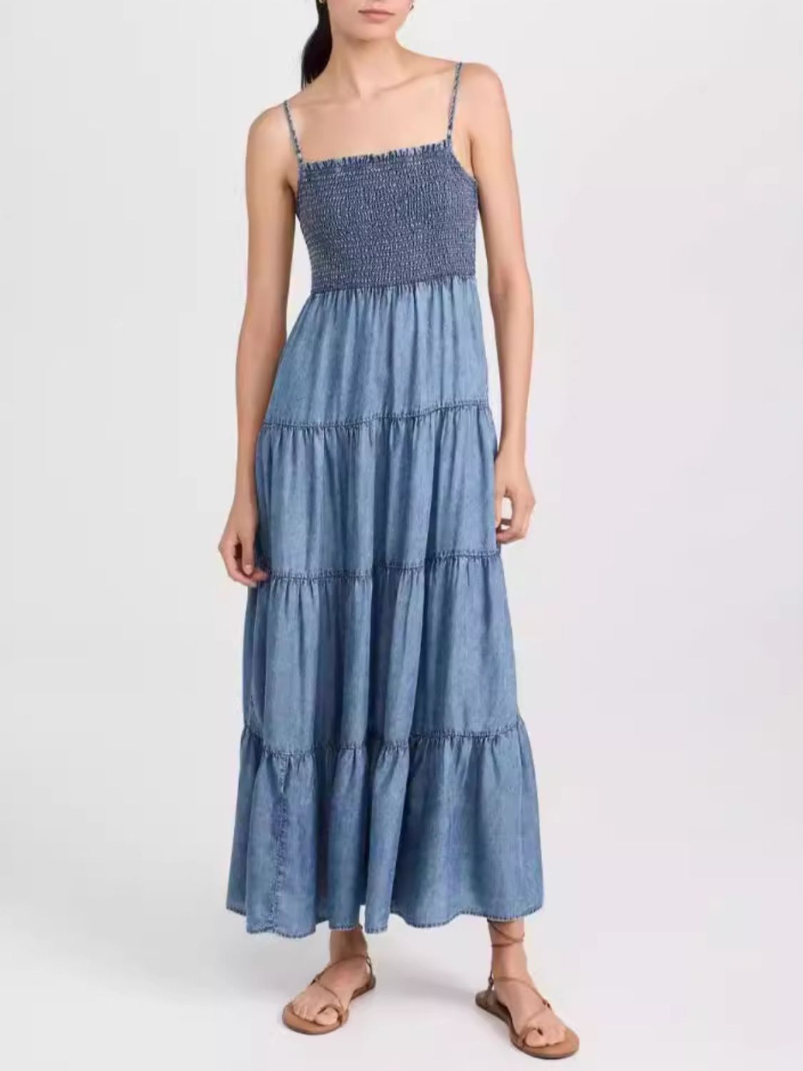 Smocked Square Neck Tiered Denim Cami Dress - MARIGOLD