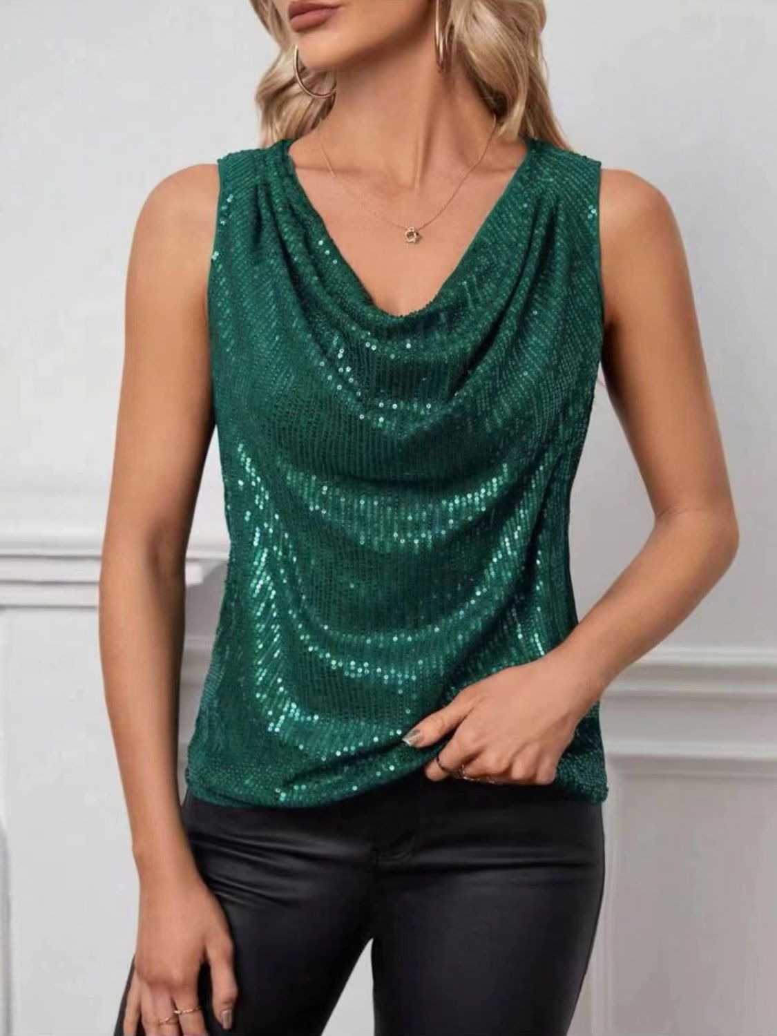 Sequin Cowl Neck Sleeveless Top - MARIGOLD