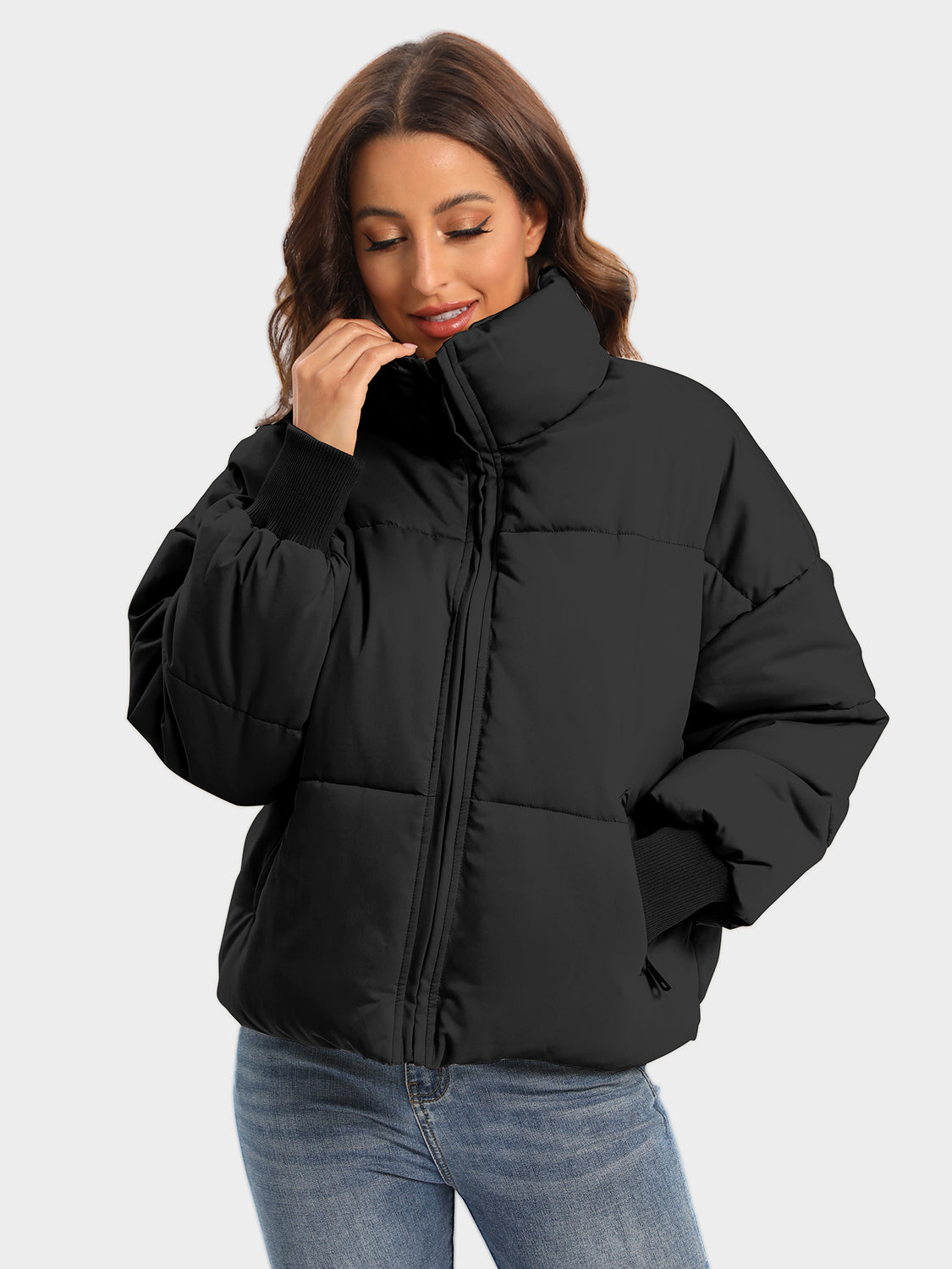 Zip Up Turtleneck Long Sleeve Puffer Jacket - MARIGOLD