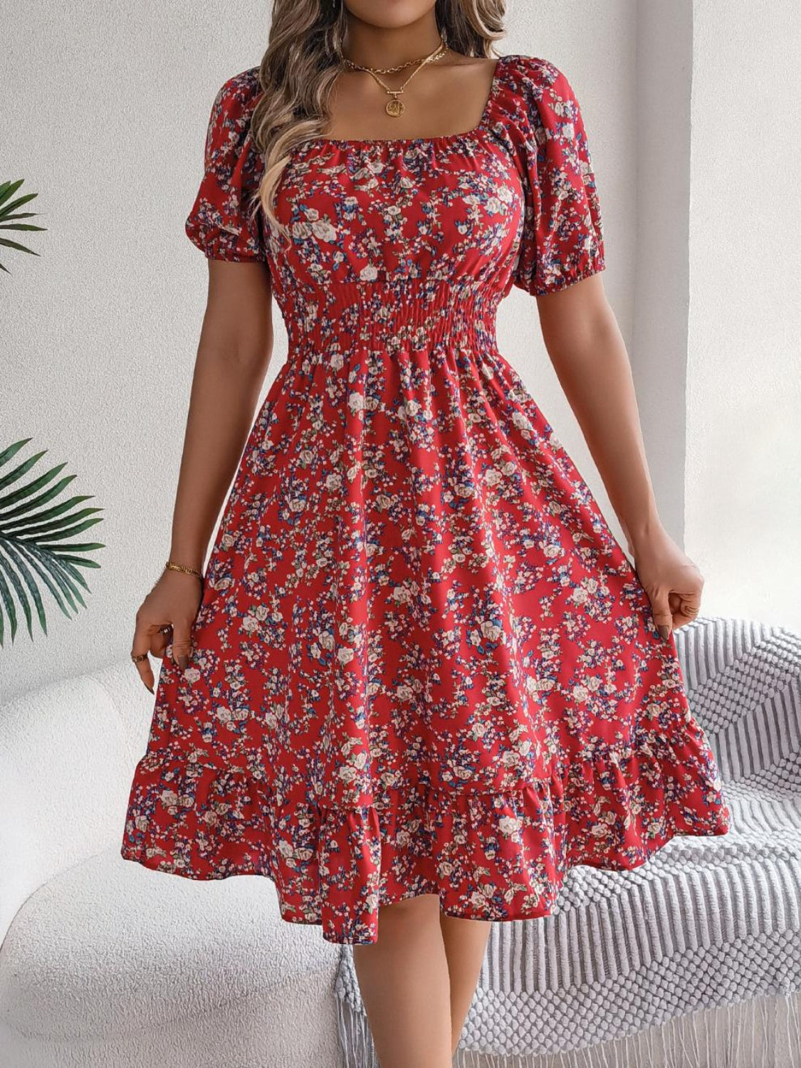 Ruffled Hem Floral Puff Sleeve Dress - MARIGOLD