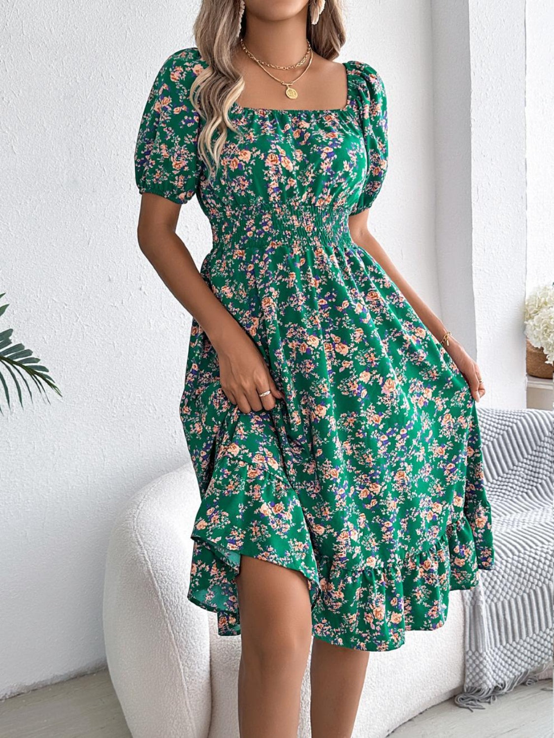 Ruffled Hem Floral Puff Sleeve Dress - MARIGOLD