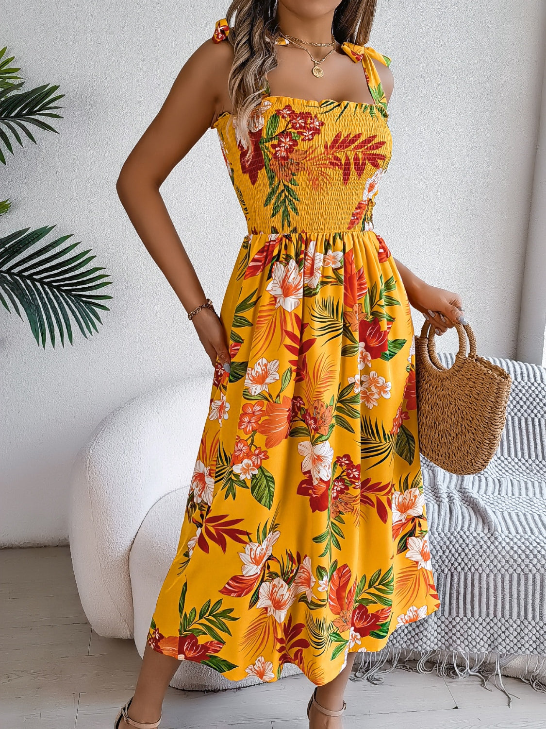 Floral Tie-Shoulder Midi Dress with Smocked Bodice - MARIGOLD