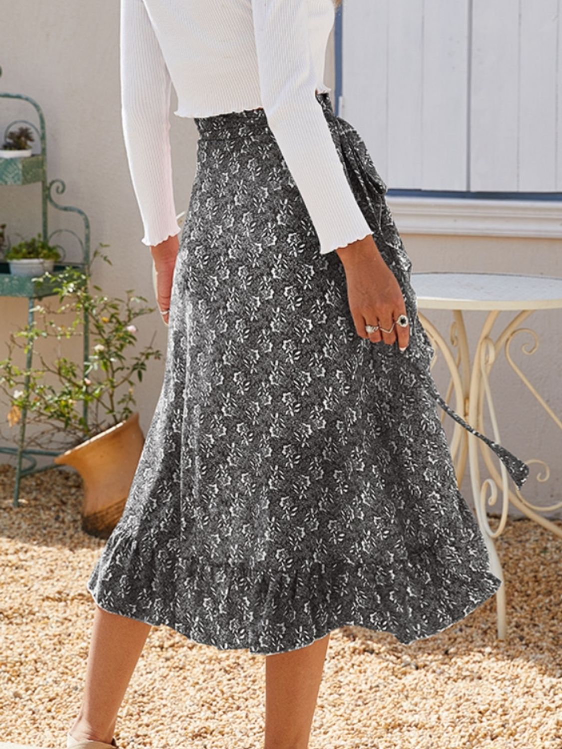 Floral Ruffled Wrap Tie Midi Skirt with Side Tie - MARIGOLD