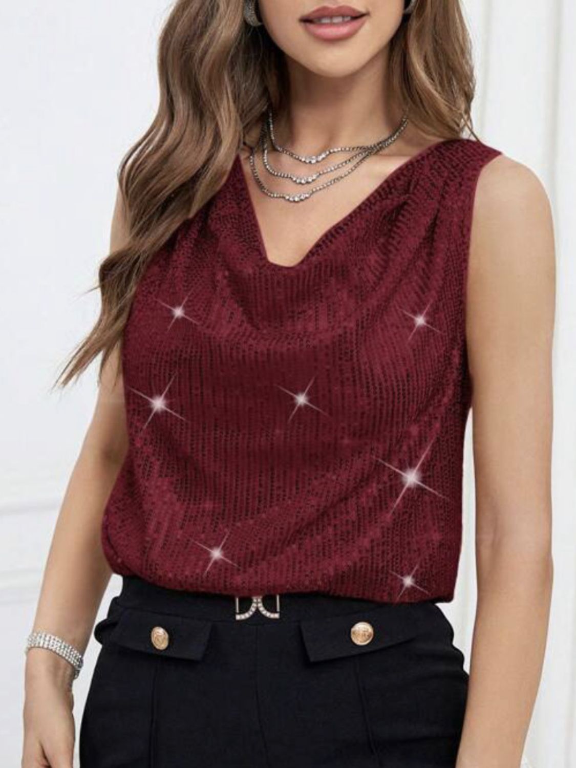 Sequin Cowl Neck Sleeveless Top - MARIGOLD