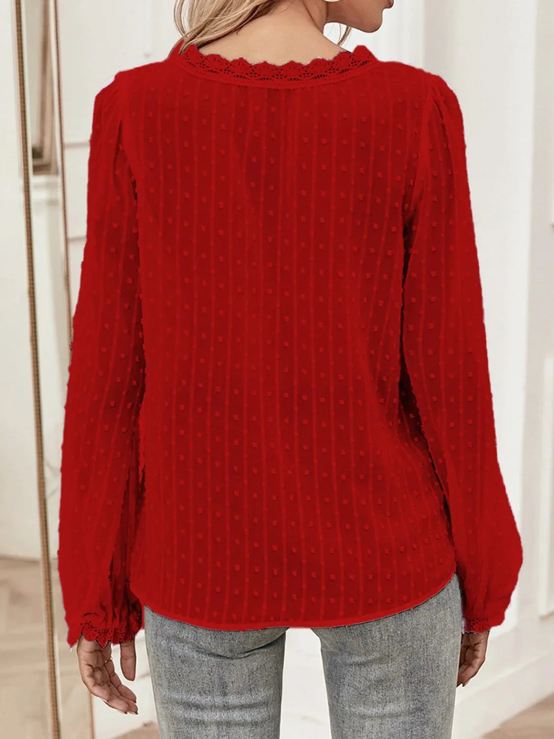 Swiss Dot Lace Detail V-Neck Long Sleeve Blouse - MARIGOLD
