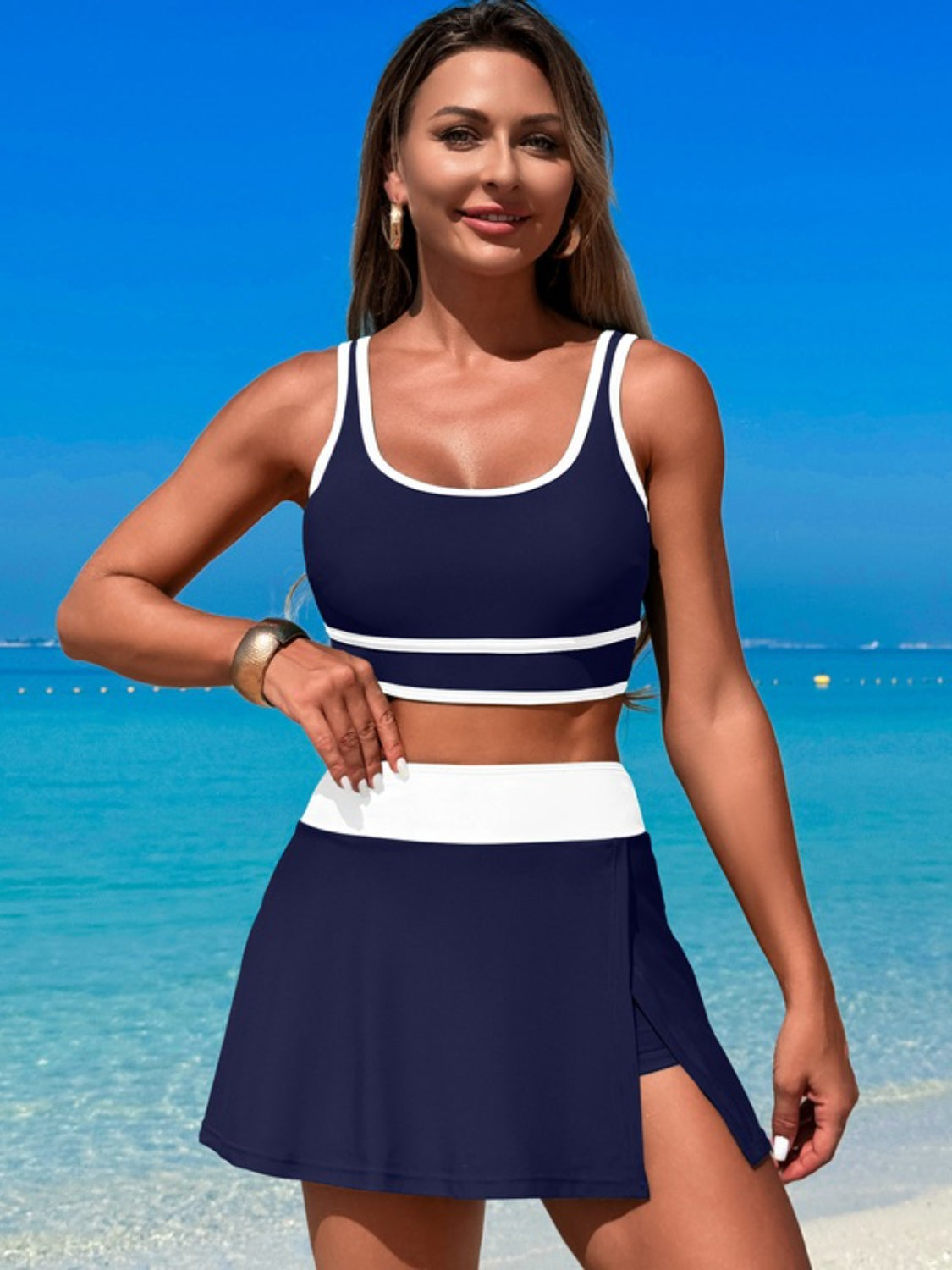 Scoop Neck Top and Skort Swim Set - MARIGOLD