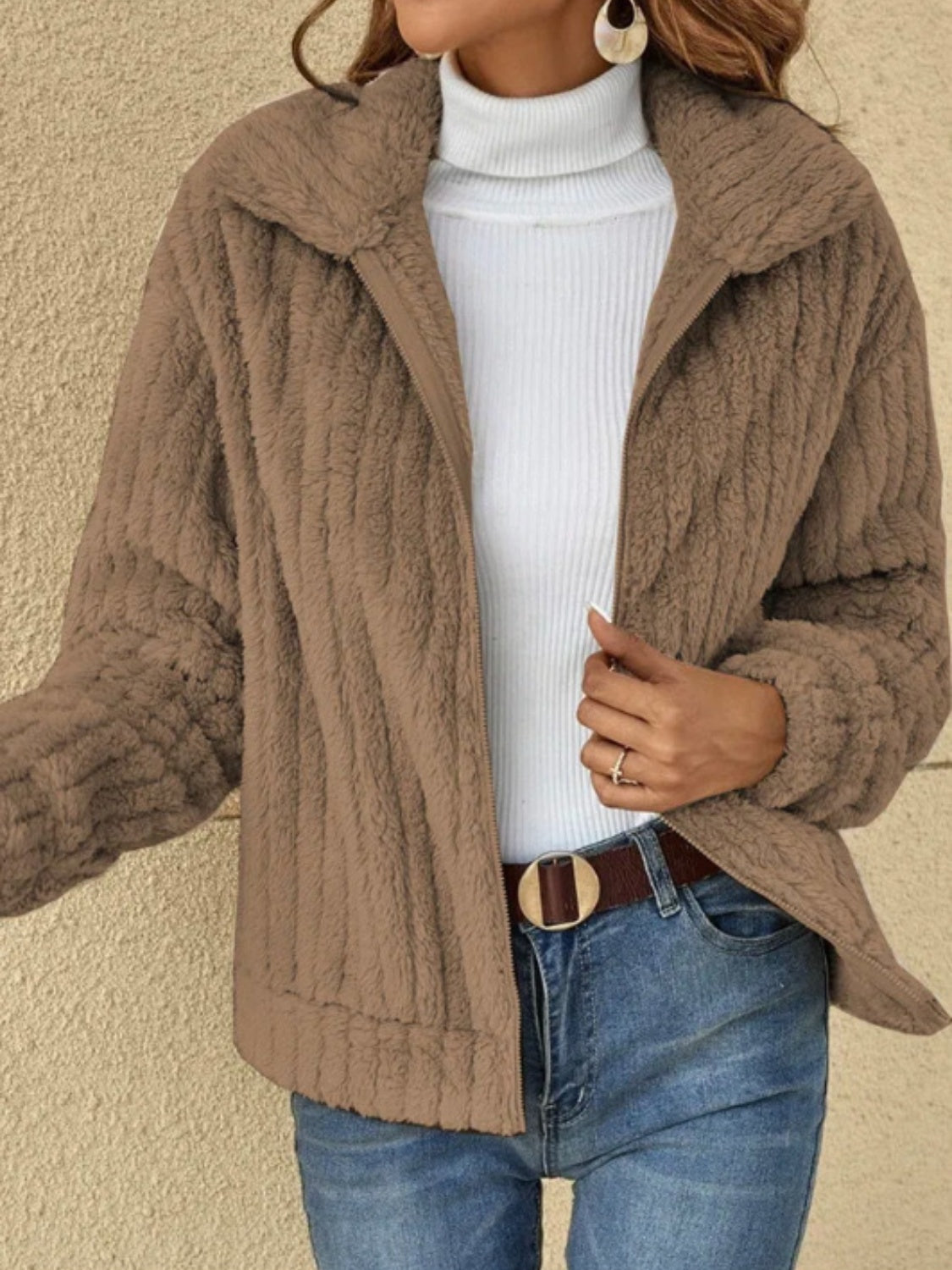 Plush Zip Up Long Sleeve Jacket - MARIGOLD