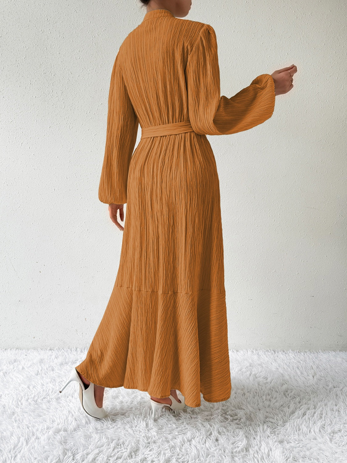 Belted Button Front Long Sleeve Maxi Dress - MARIGOLD