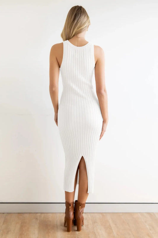 Marigold Collections Australia ribbed sleeveless bodycon dress with back slit, form-fitting design, and stylish sleeveless silhouette.