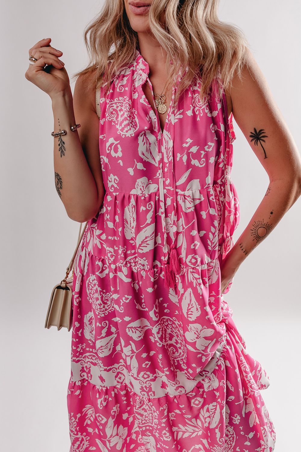 Floral Sleeveless Tasseled Tie Neck Tiered Midi Dress - MARIGOLD