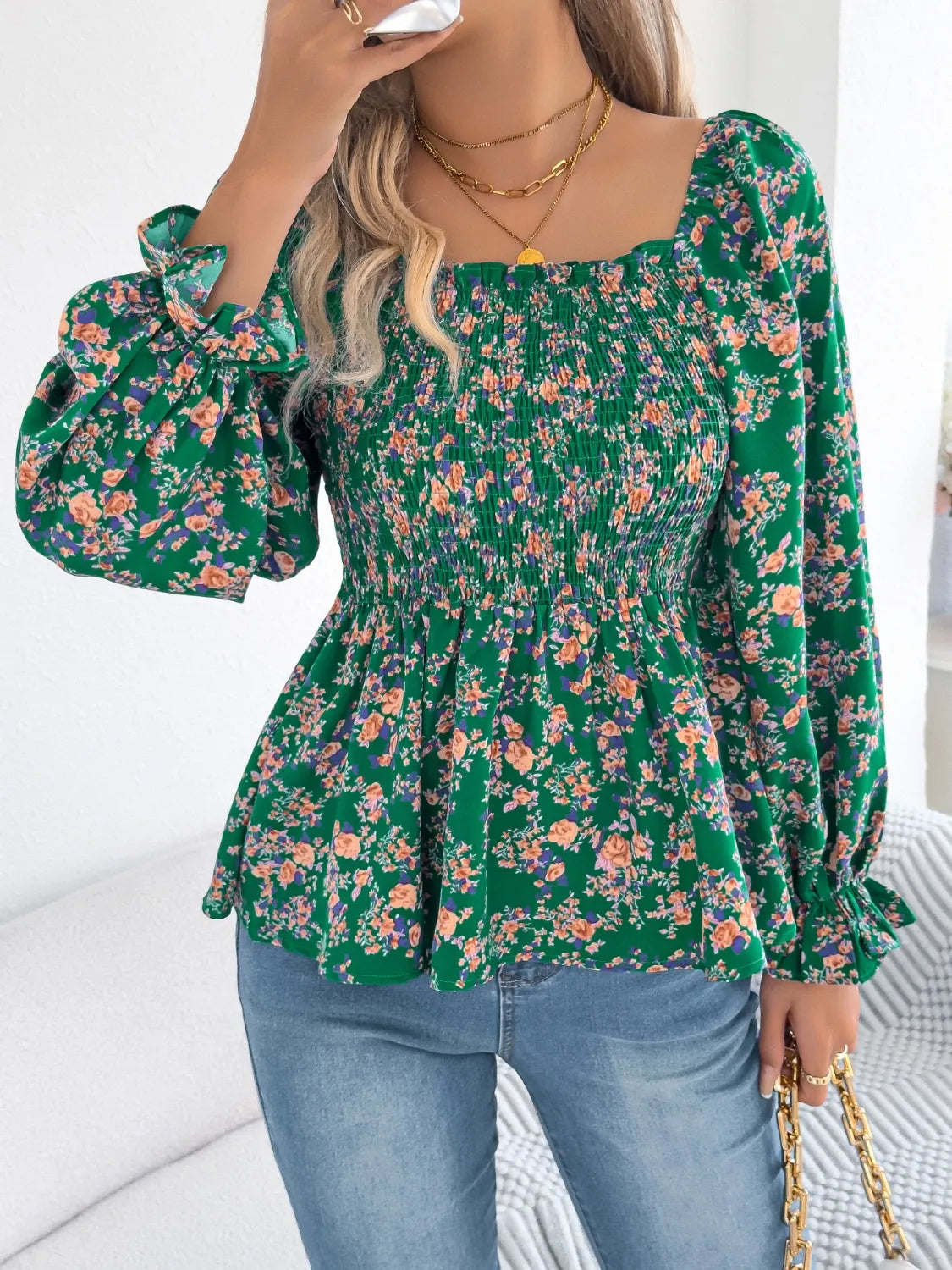 Floral Square Neck Flounce Sleeve Blouse - MARIGOLD