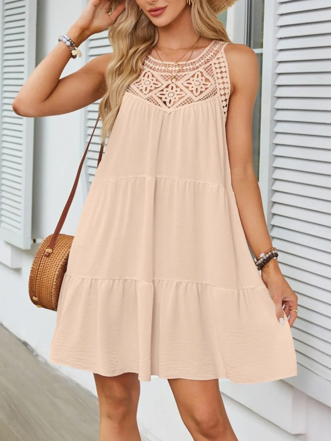 Lace Neckline Tiered Mini Dress - MARIGOLD
