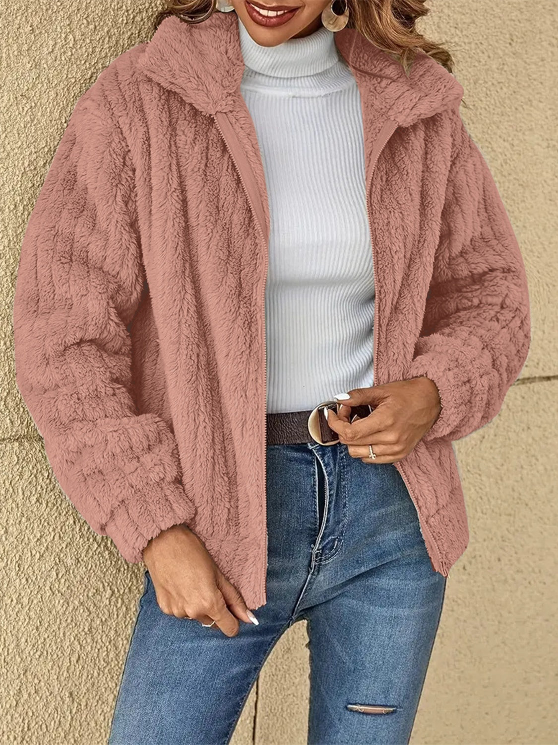 Plush Zip Up Long Sleeve Jacket - MARIGOLD