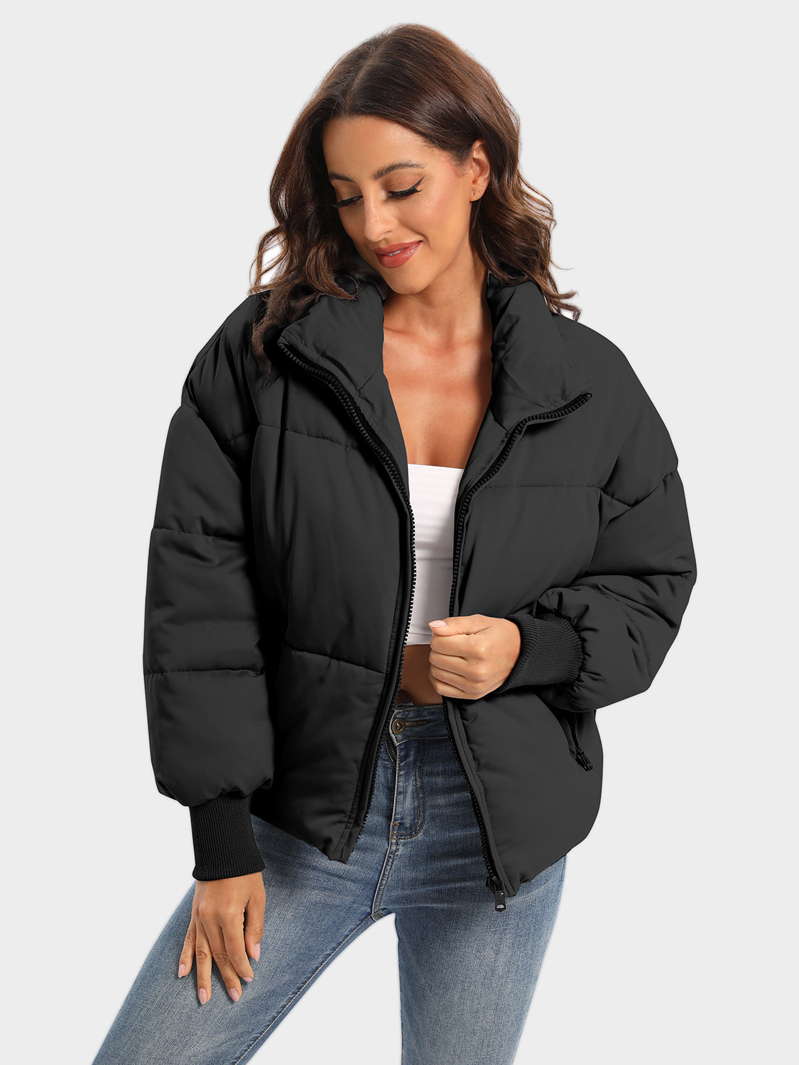 Zip Up Turtleneck Long Sleeve Puffer Jacket - MARIGOLD