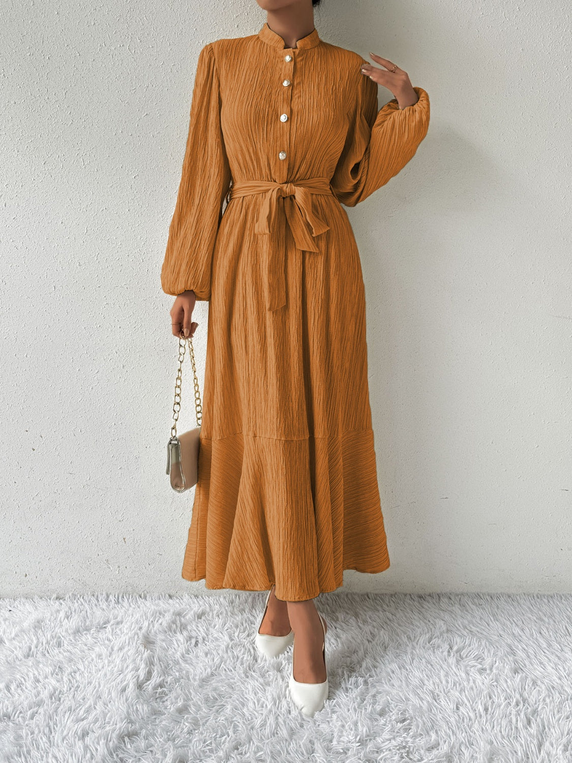 Belted Button Front Long Sleeve Maxi Dress - MARIGOLD