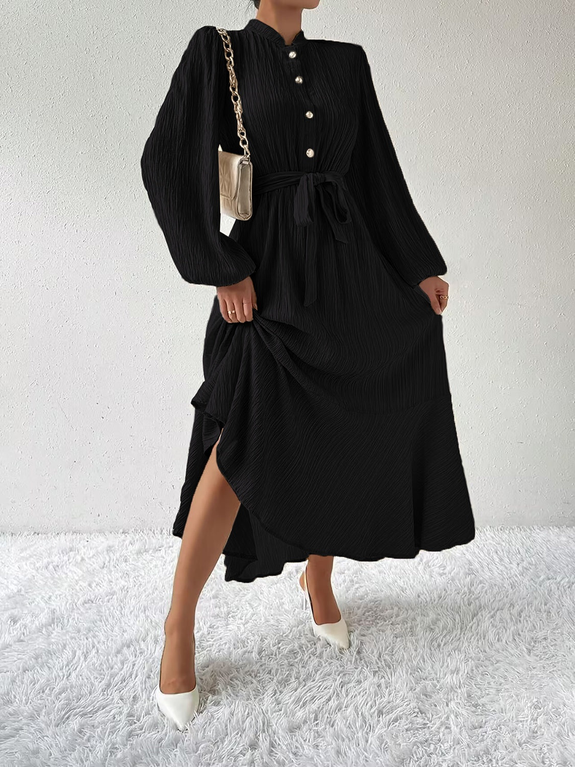Belted Button Front Long Sleeve Maxi Dress - MARIGOLD