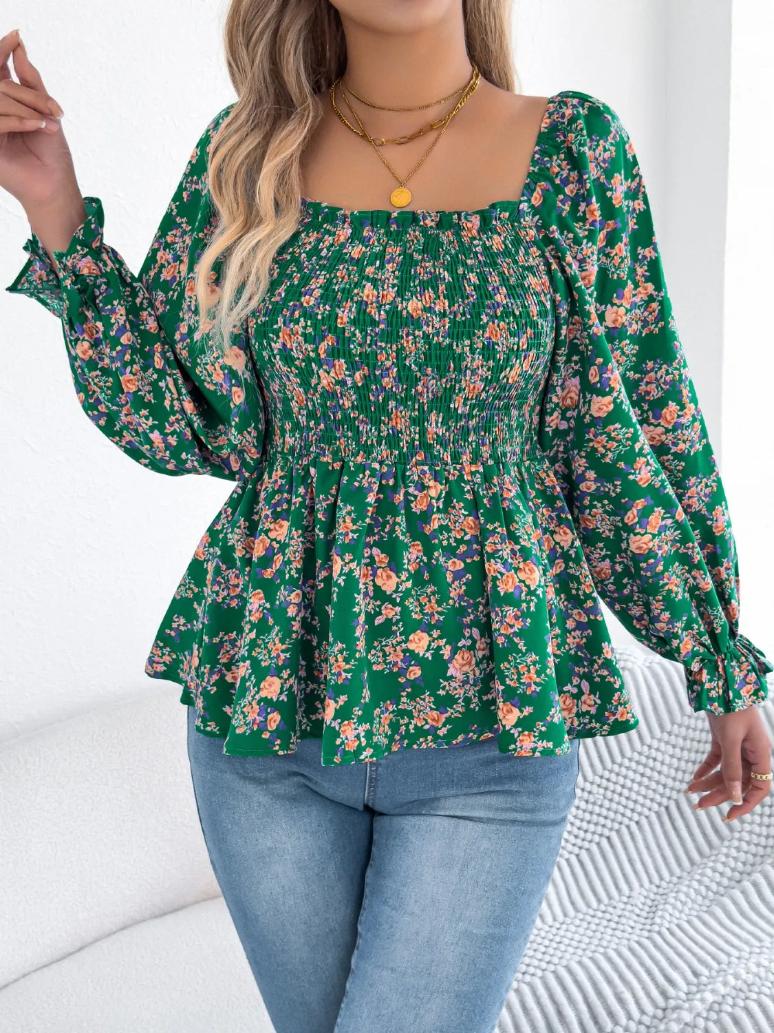 Floral Square Neck Flounce Sleeve Blouse - MARIGOLD