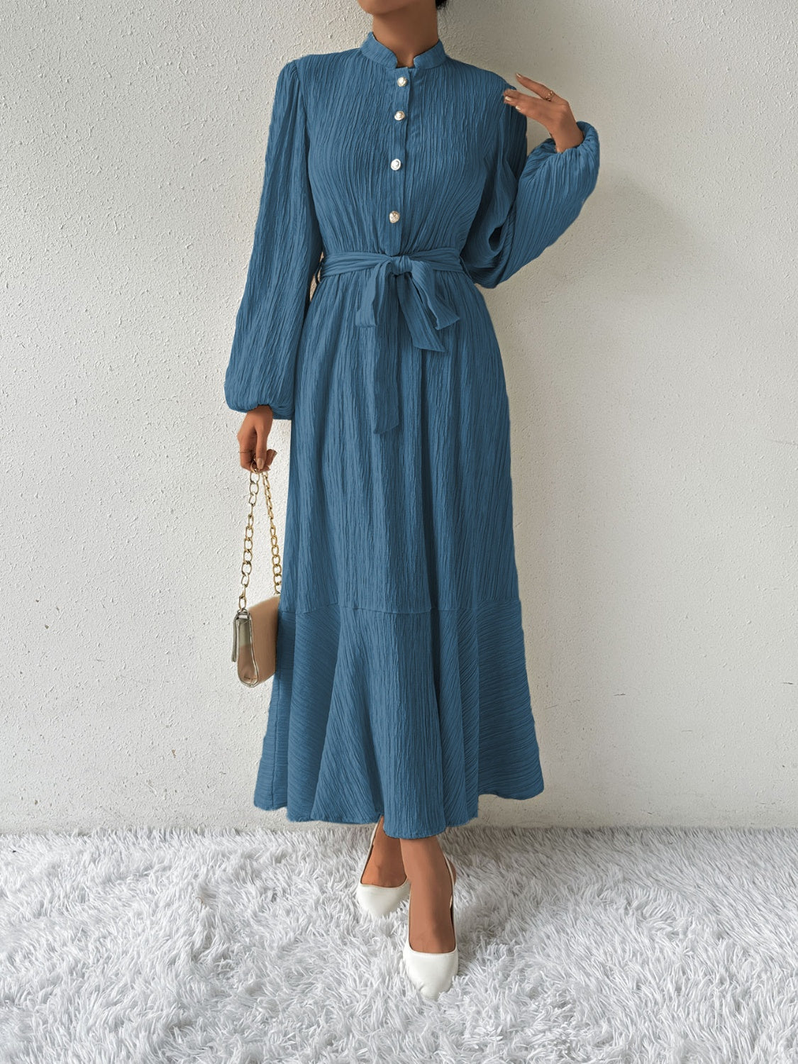 Belted Button Front Long Sleeve Maxi Dress - MARIGOLD