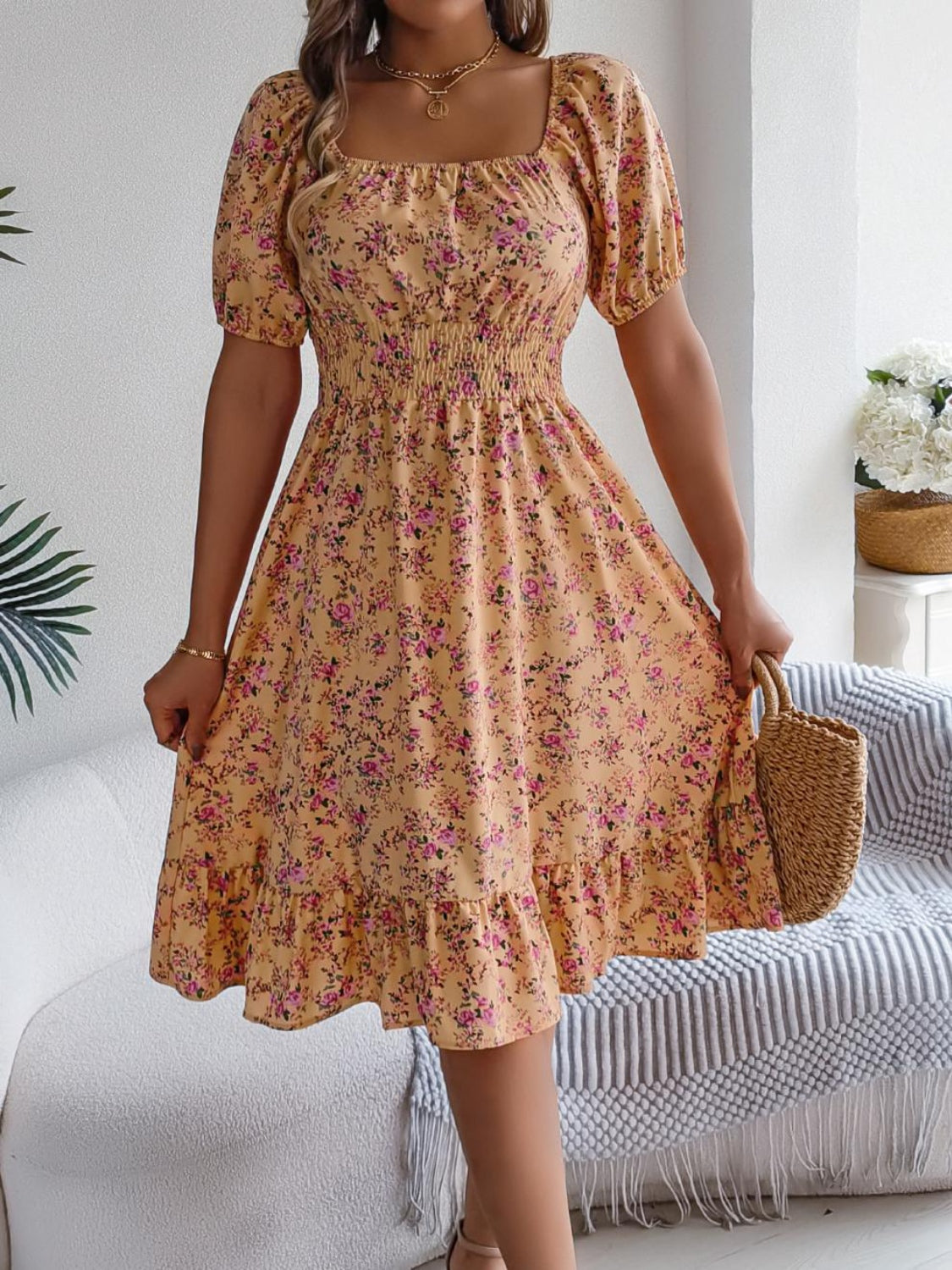 Ruffled Hem Floral Puff Sleeve Dress - MARIGOLD