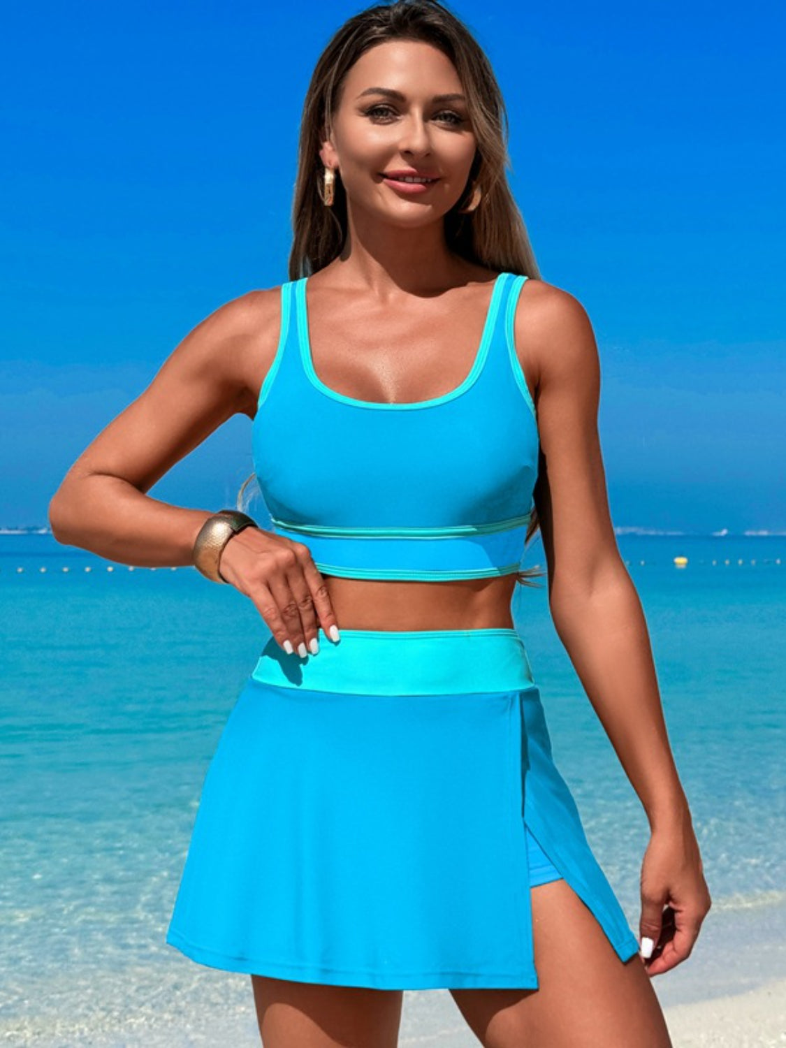 Scoop Neck Top and Skort Swim Set - MARIGOLD