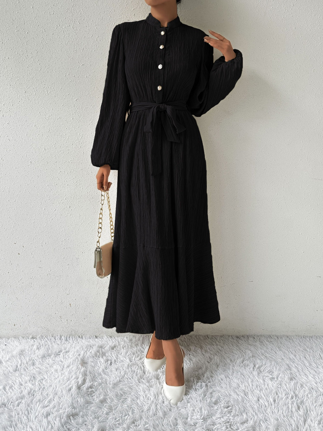 Belted Button Front Long Sleeve Maxi Dress - MARIGOLD