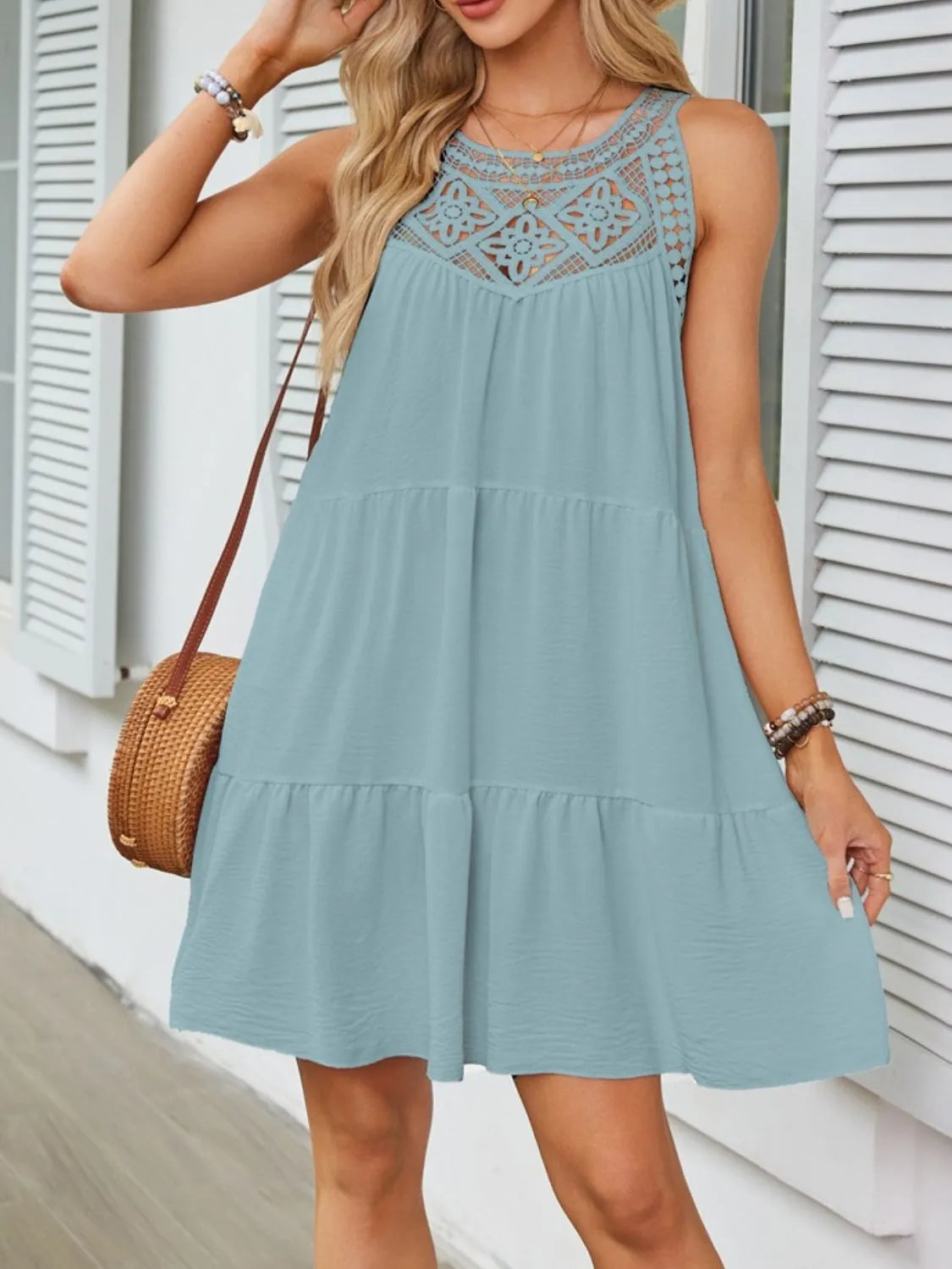 Lace Neckline Tiered Mini Dress - MARIGOLD