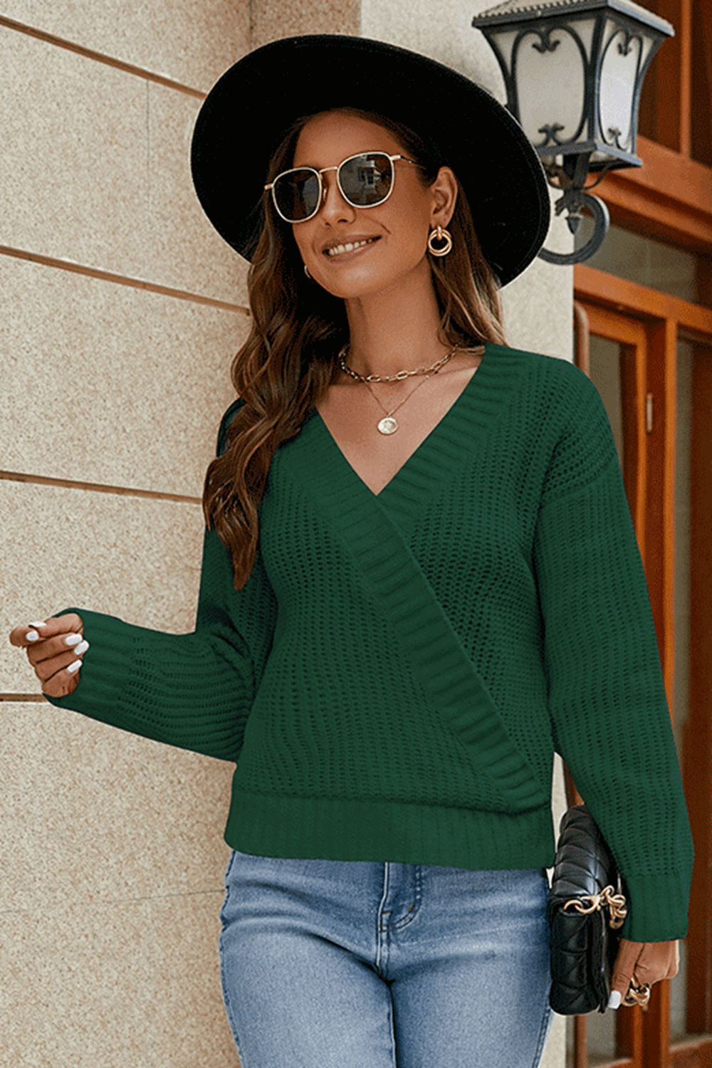 Stylish Surplice Long Sleeve Sweater - MARIGOLD