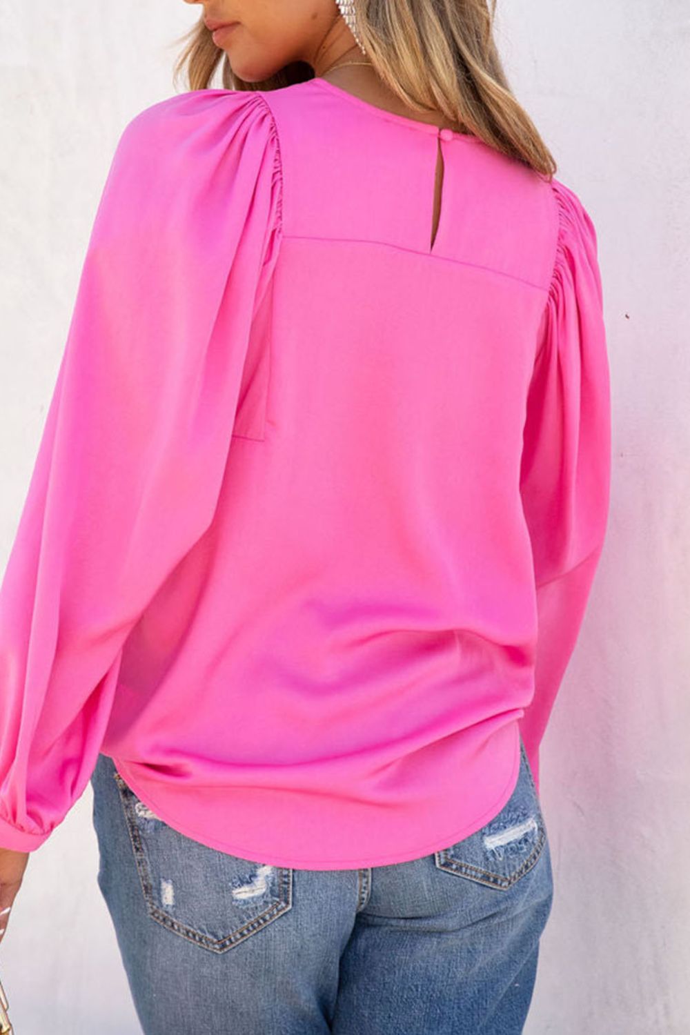 Fuchsia Pink Round Neck Long Sleeve Blouse - MARIGOLD