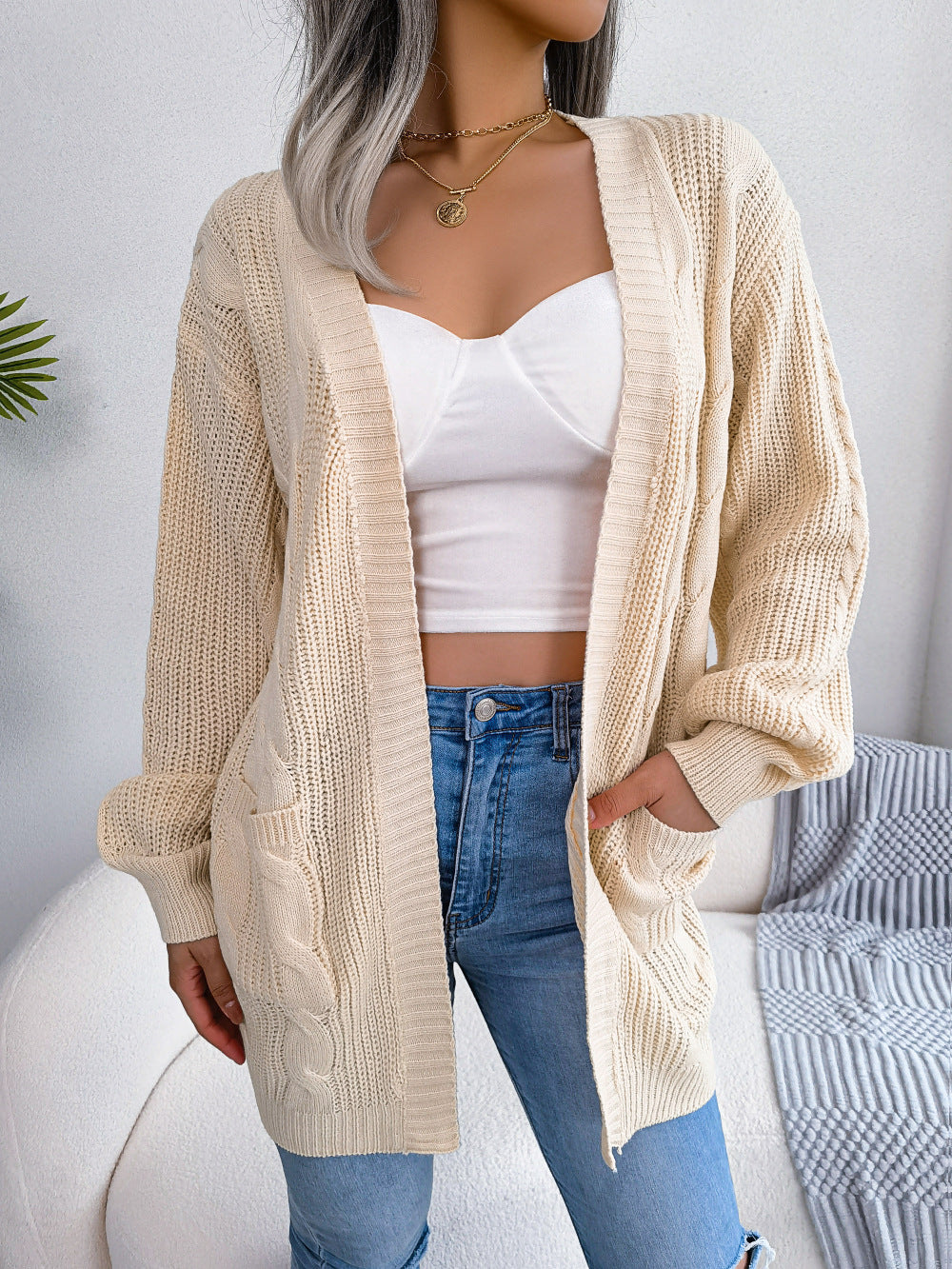 Cable-Knit Open Front Pocketed Cardigan - MARIGOLD