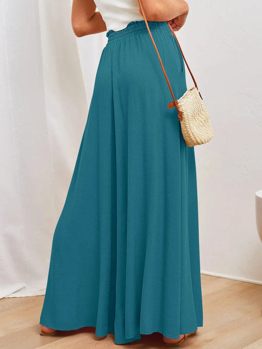 Marigold Collections Australia women's wide-leg pants with pockets, featuring a relaxed fit and lightweight fabric.