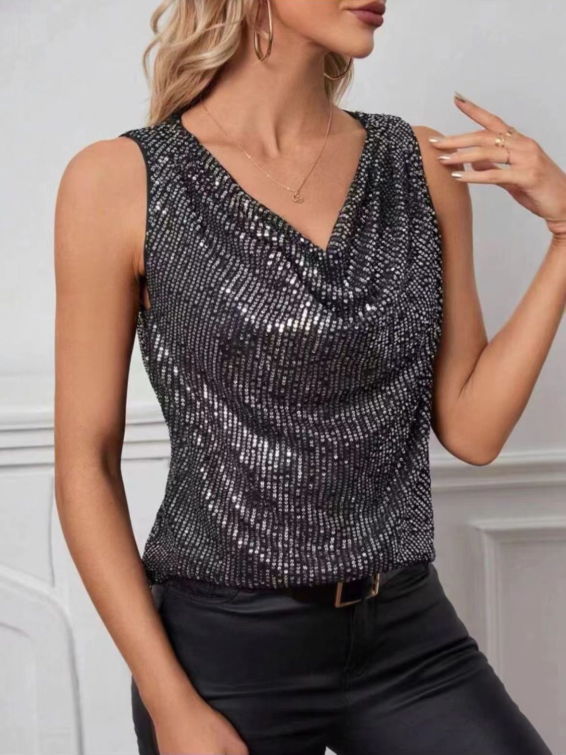 Sequin Cowl Neck Sleeveless Top - MARIGOLD